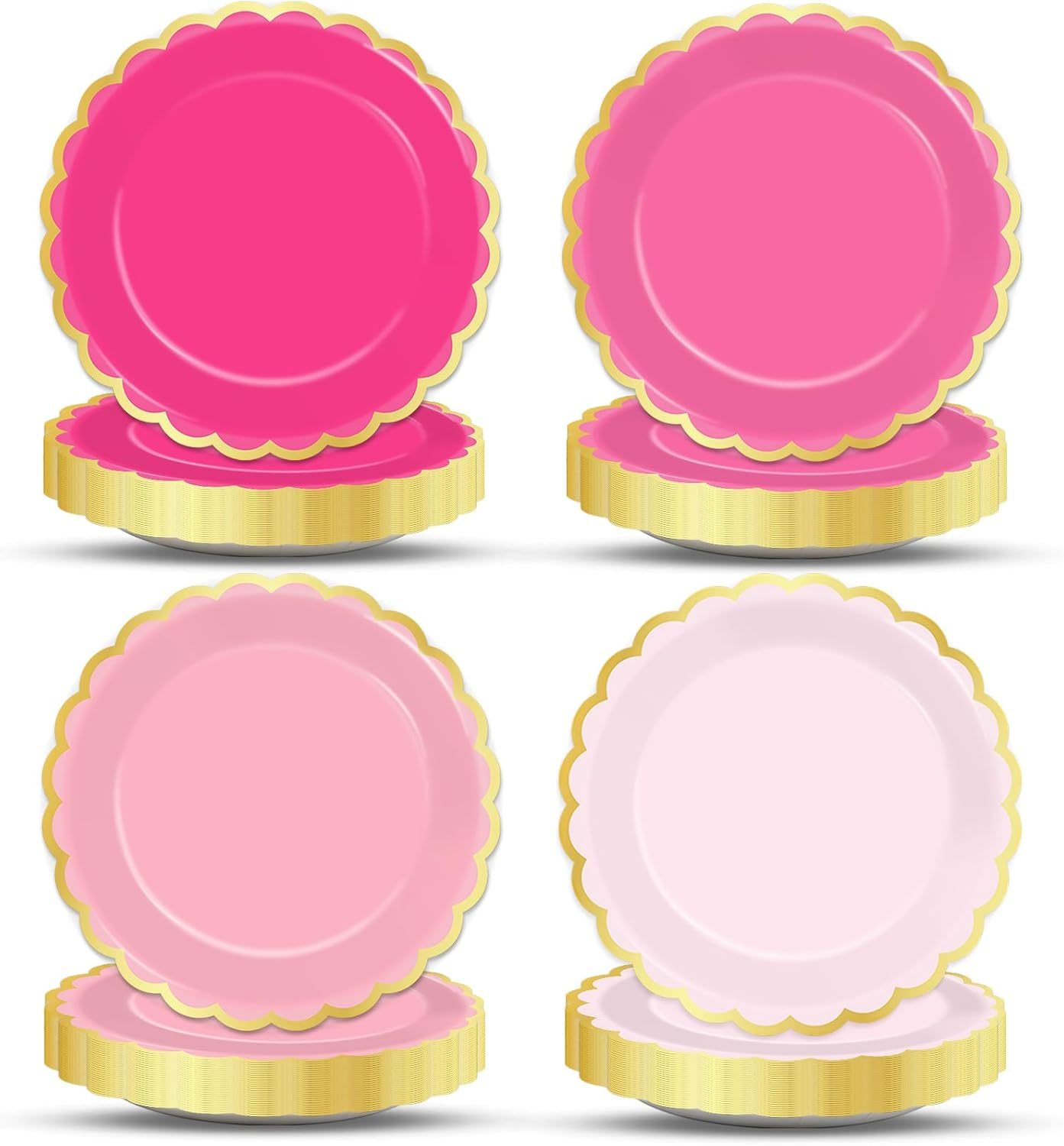 Wiooffen 48Pcs Pink Scalloped Paper Plates 9Inch Pink Gold Foil Border Plates Disposable Gradient Pink Tableware Set Hot Pink Dinner Dessert Plates for Wedding Bridal Baby Shower Birthday Supplies