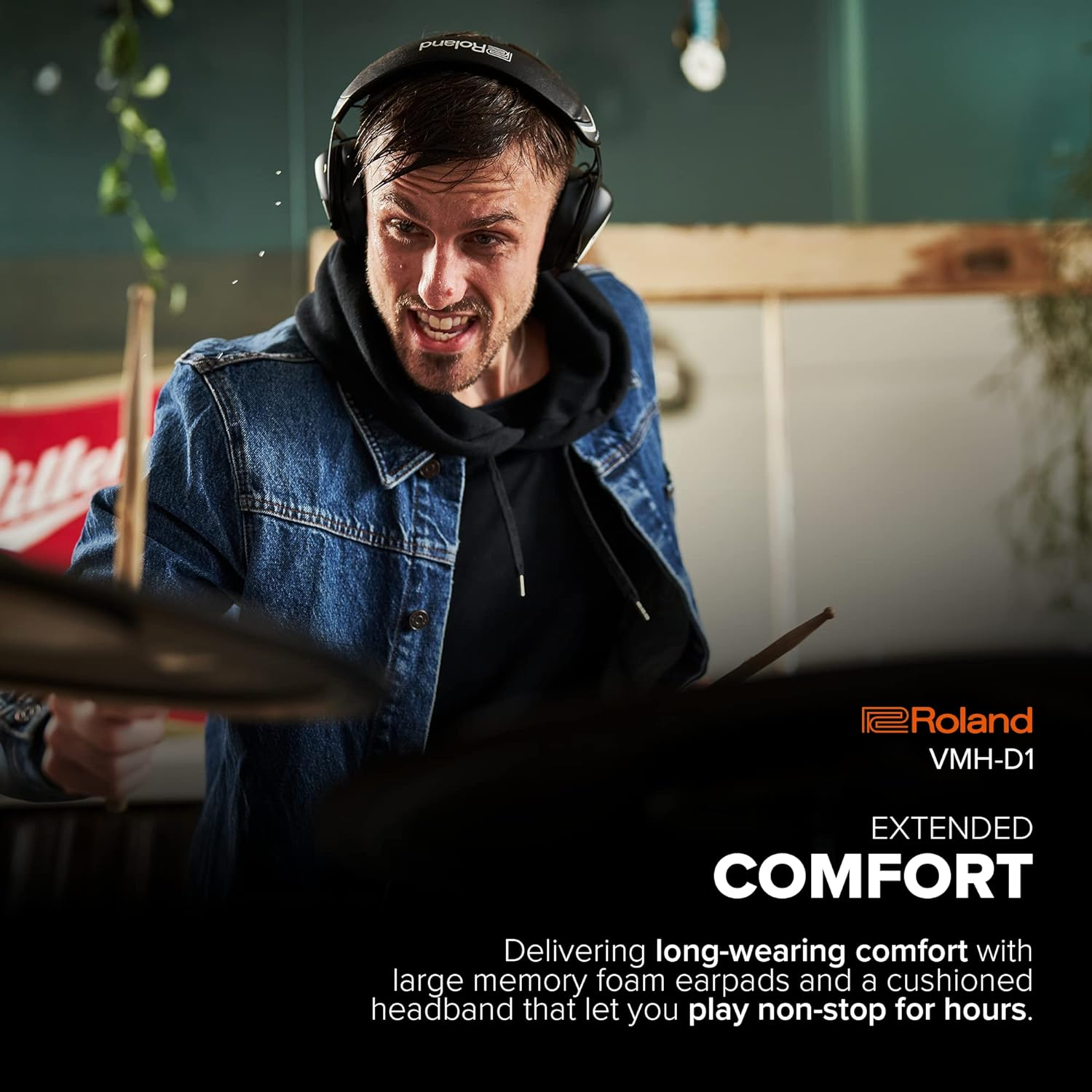 Roland VMH-D1 V-Drums Headphones | Designed by Roland & V-Moda for V-Drums & All Electronic Drum Kits | Immersive Sound | Extended Comfort | Long Cable for Tangle-Free Drumming | Customizable Shields image number 6
