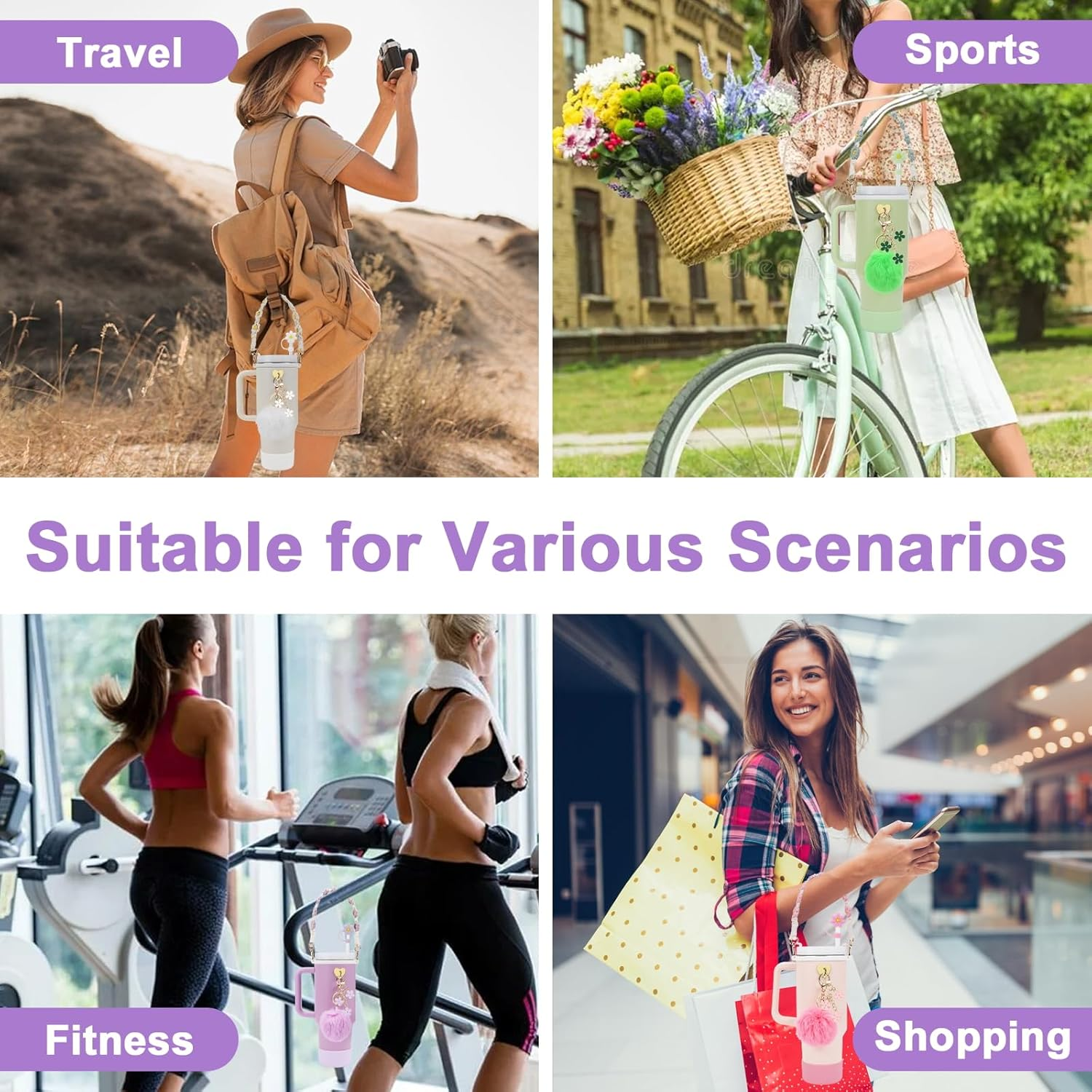 Stanley Cup Accessories Set Including Water Bottle Handle Strap, Siliocne Stanley Cup Boot, Siliocne Straw Cover, Stanley Charms for Stanley Cup 40Oz & 30Oz Tumbler - Purple image number 5