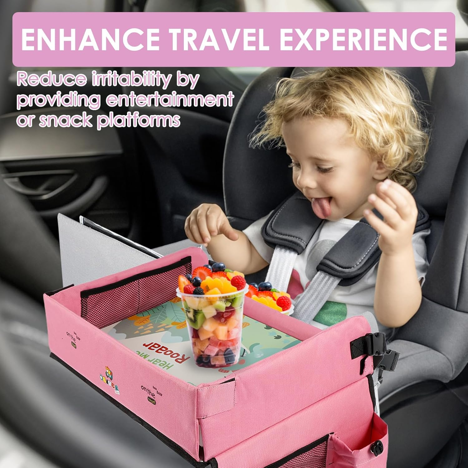 Kids Traveling Tray for Toddler Car Seat, Versatile Car Seat Tray, Stable Carseat Table Tray, Detachable Lap Tray for Car Seat, Toddler Road Trip Essentials Accessories for Airplane Car Auto - Pink image number 2