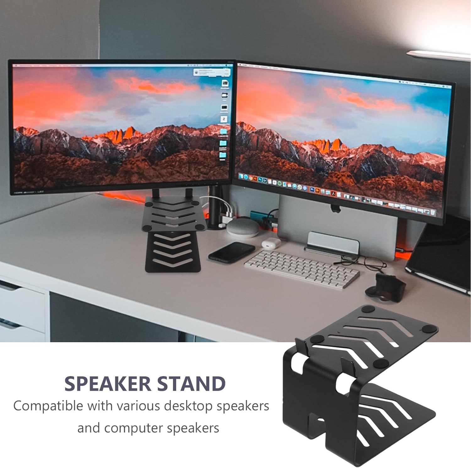 Uonlytech Metal Desktop Speaker Stand Riser Audio Amplifier Monitor Desk Stand Heightening Rack for Computer Gaming with Speaker Storage, Black, Small Size for Home Office Use image number 4