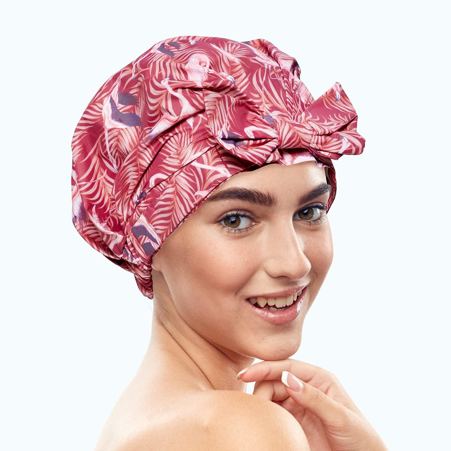 Bodylife Shower Cap Reusable Bath Cap Waterproof Mold Proof with Bow Flamingo Sunset image number 2
