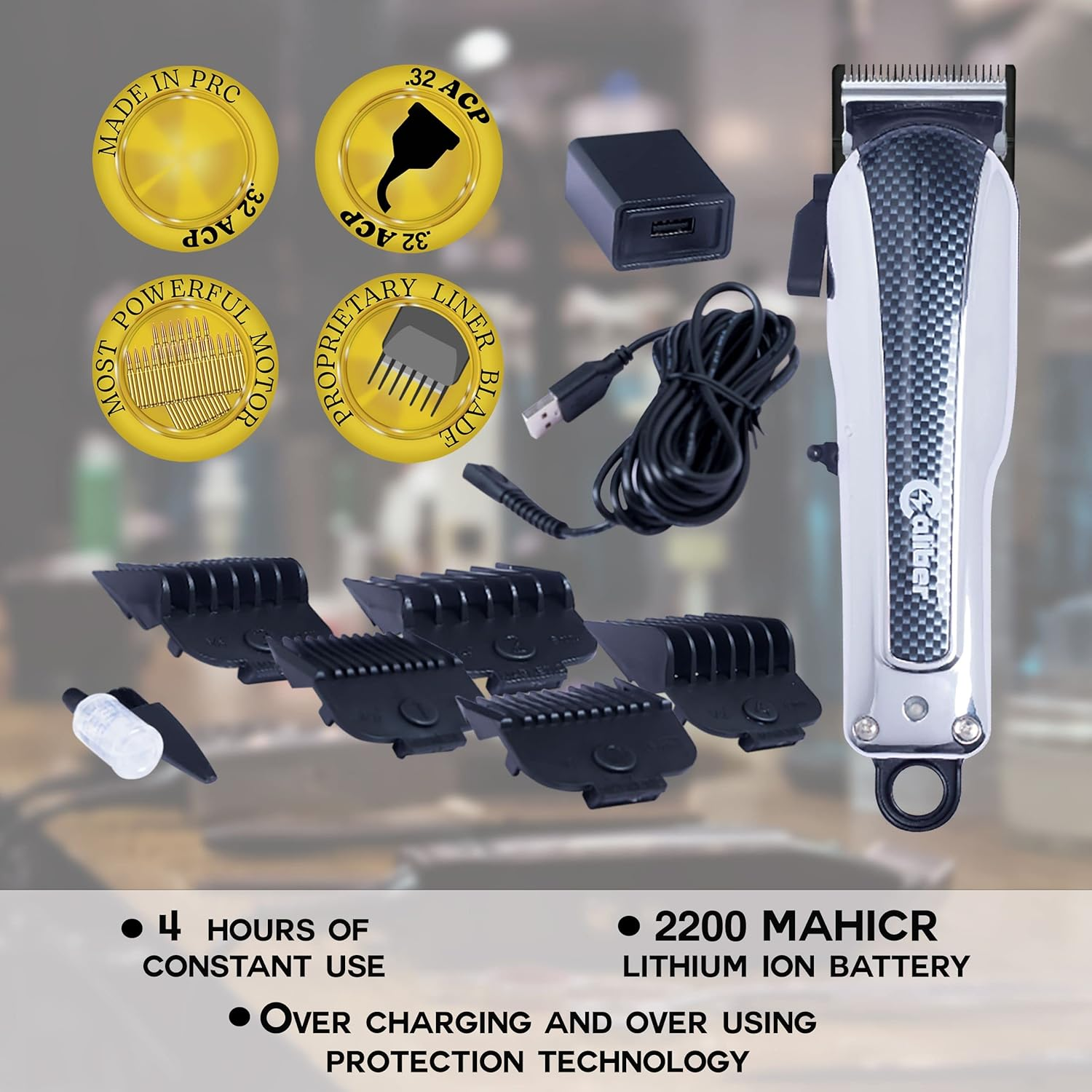 Caliber Pro 9MM Mabuchi Clipper - Professional Hair Cutting Tool Set - Cordless Electric Clippers with 5 Comb Guards, Blade, Oil, USB Charging Cord & Brush - Personal Hair Grooming Kit for Men