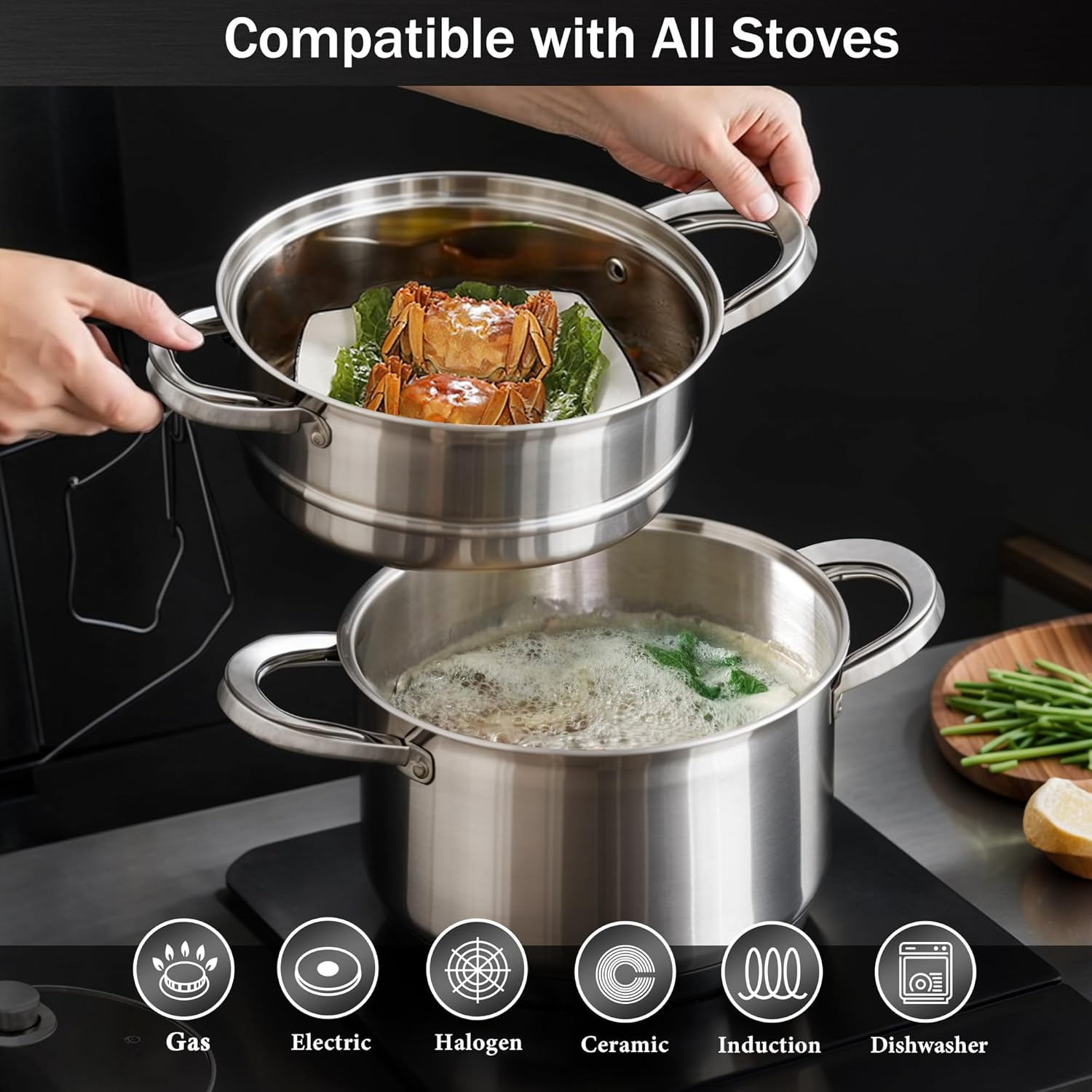 ASKSCICI 6 Quart 18/10 Stainless Steel Tri-Ply Stockpot with Tempered Glass Lid, Multipurpose Steamer Insert Compatible with All Cooktops, Non-Toxic, Oven and Dishwasher Safe, Silver Steamer Pot image number 4