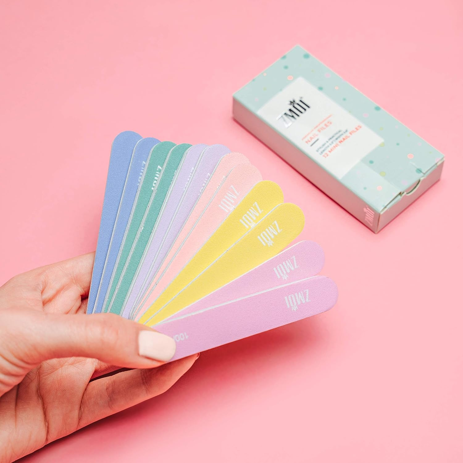 ZMOI Professional Mini Nail File &ndash; 12 PCS Stylish - Practical Fingernail File Pack for Natural and Acrylic Nails 100/180 &ndash; 3.5 X 0.6-Inch Emery Boards - Macaroon Color image number 2