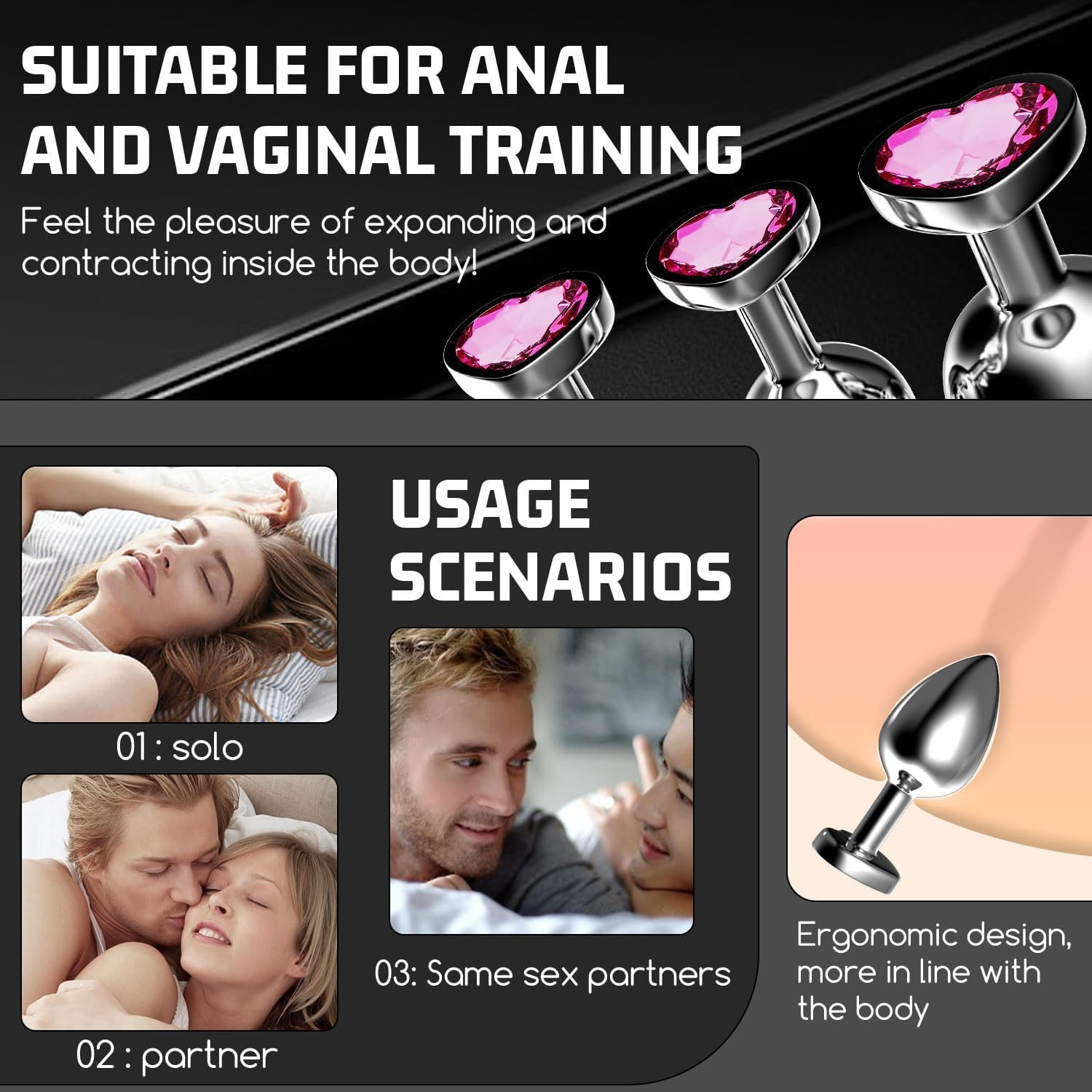 3Pcs Stainless Steel Toys Plug，Kit Portable Plug Butt for Women Trainer Kit Anales，Adult Toys Relaxing Toys Tool for Men Women Sunglasses(Pink)-V1-V2 image number 2