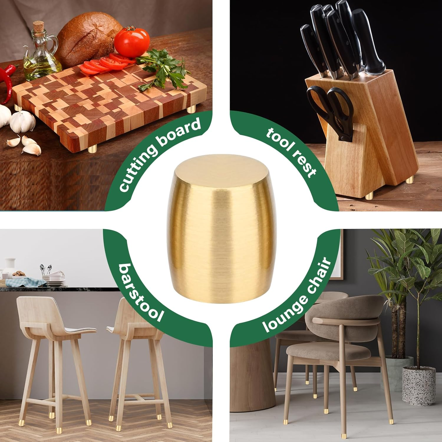 Brass Cutting Board Feet, Chopping Board Feet Set with Silicone Nonslip Pads, Stainless Steel Screws and Brass Washers - Suitable for Kitchen Utensils and All Kinds of Furniture（Drum Shape 4PCS） image number 1