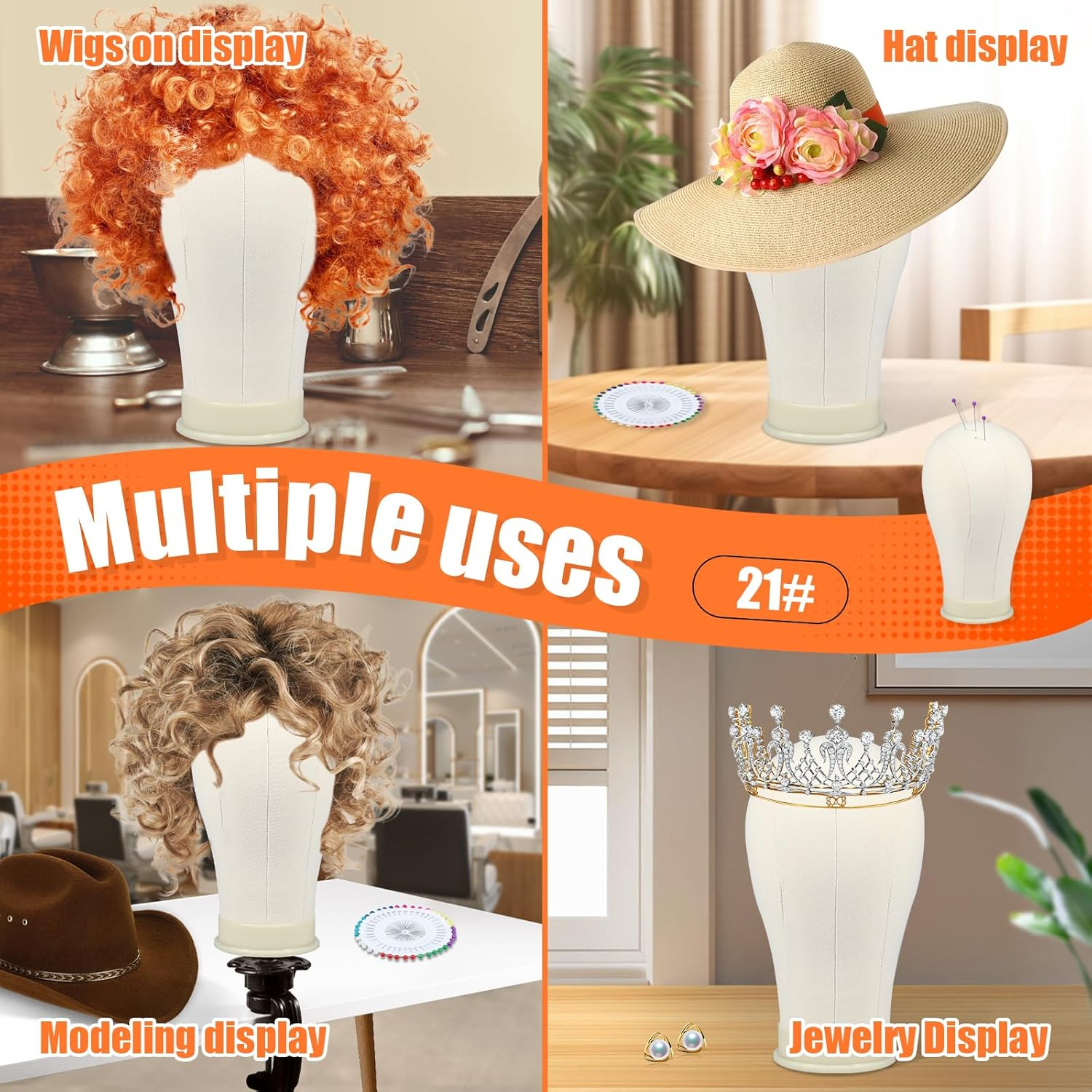 Enduring Head Wig for Styling, Cork Canvas Block Mannequin Head Wig Display Styling with Mount Hole, Easy to Stall Multipurpose Wig Styling Stand, Wig Making Kit for Cosplay Making Wigs Display (A) - C image number 6