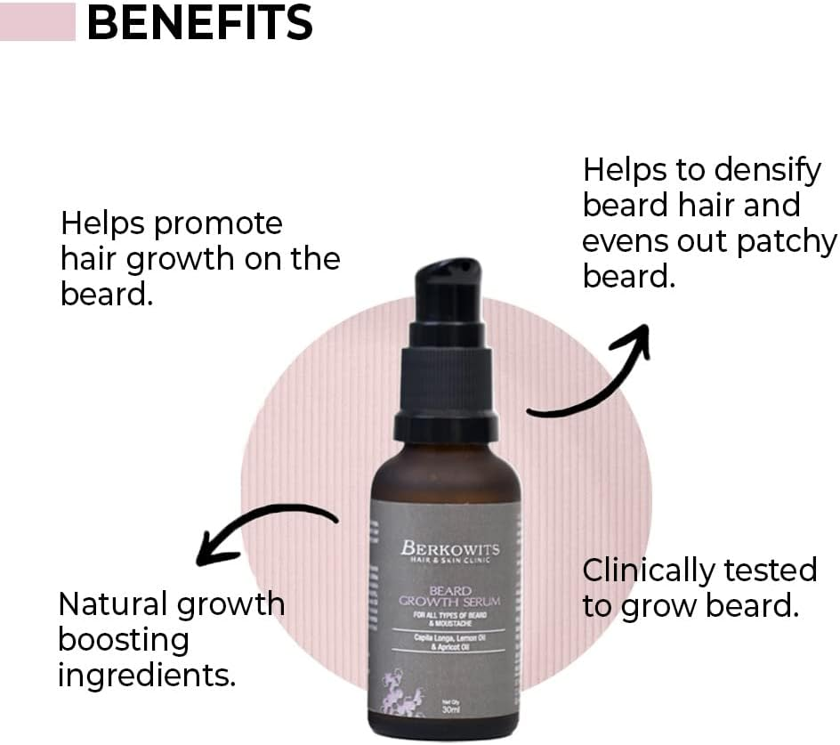 BERKOWITS HAIR & SKIN CLINICS Beard Growth Serum for Men | Promotes Beard Growth | Reduces Patchiness | with Capila Longa, Lemon Oil & Apricot Oil | Alcohol Free | 30Ml image number 5