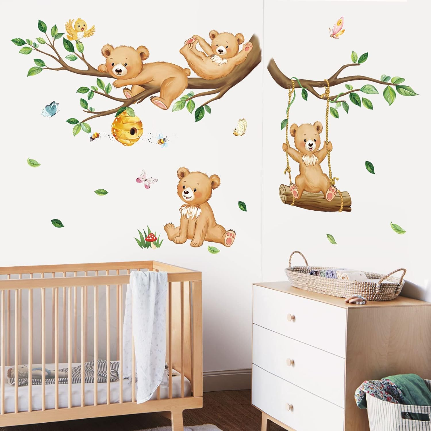 Decalmile Woodland Bear Wall Decals Animal Tree Branch Wall Stickers Baby Nursery Kids Bedroom Living Room Wall Decor image number 6