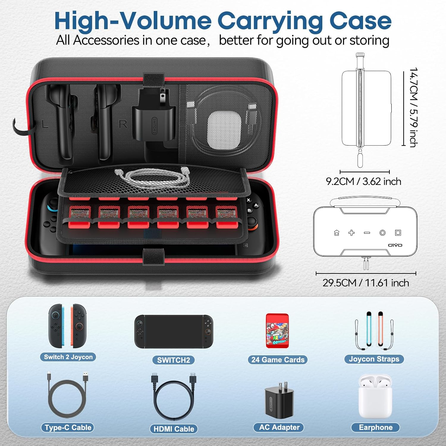 OIVO Switch 2 Carrying Case Compatible with 2025 Nintendo Switch 2, Portable Switch 2 Case Fit for Switch 2 Joycon & Adapter, Hard Shell Protective Travel Bag with 24 Game Slots, Red image number 5