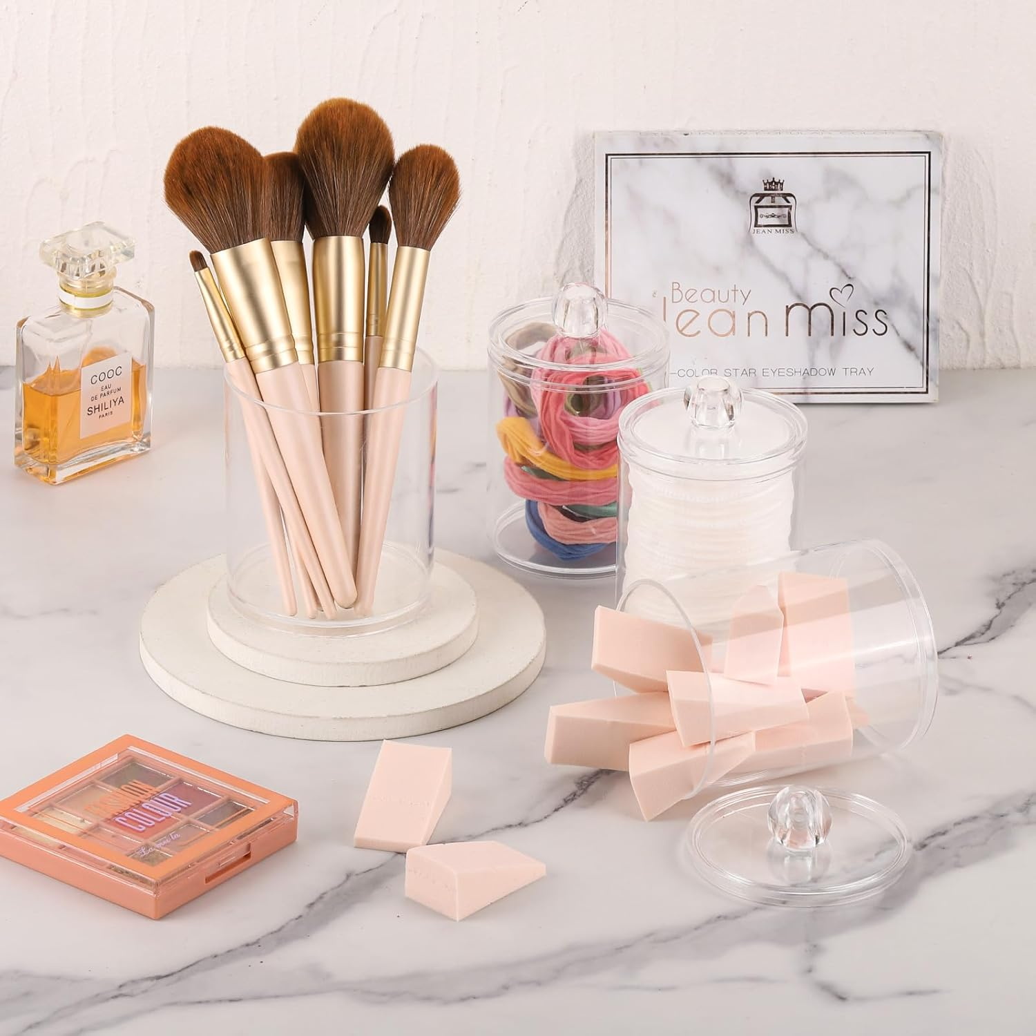 Tbestmax 4 Pack Qtip Holder - Restroom Bathroom Organizers with Clear Plastic Apothecary Jars for Cotton Swab, round Pads, Floss image number 7