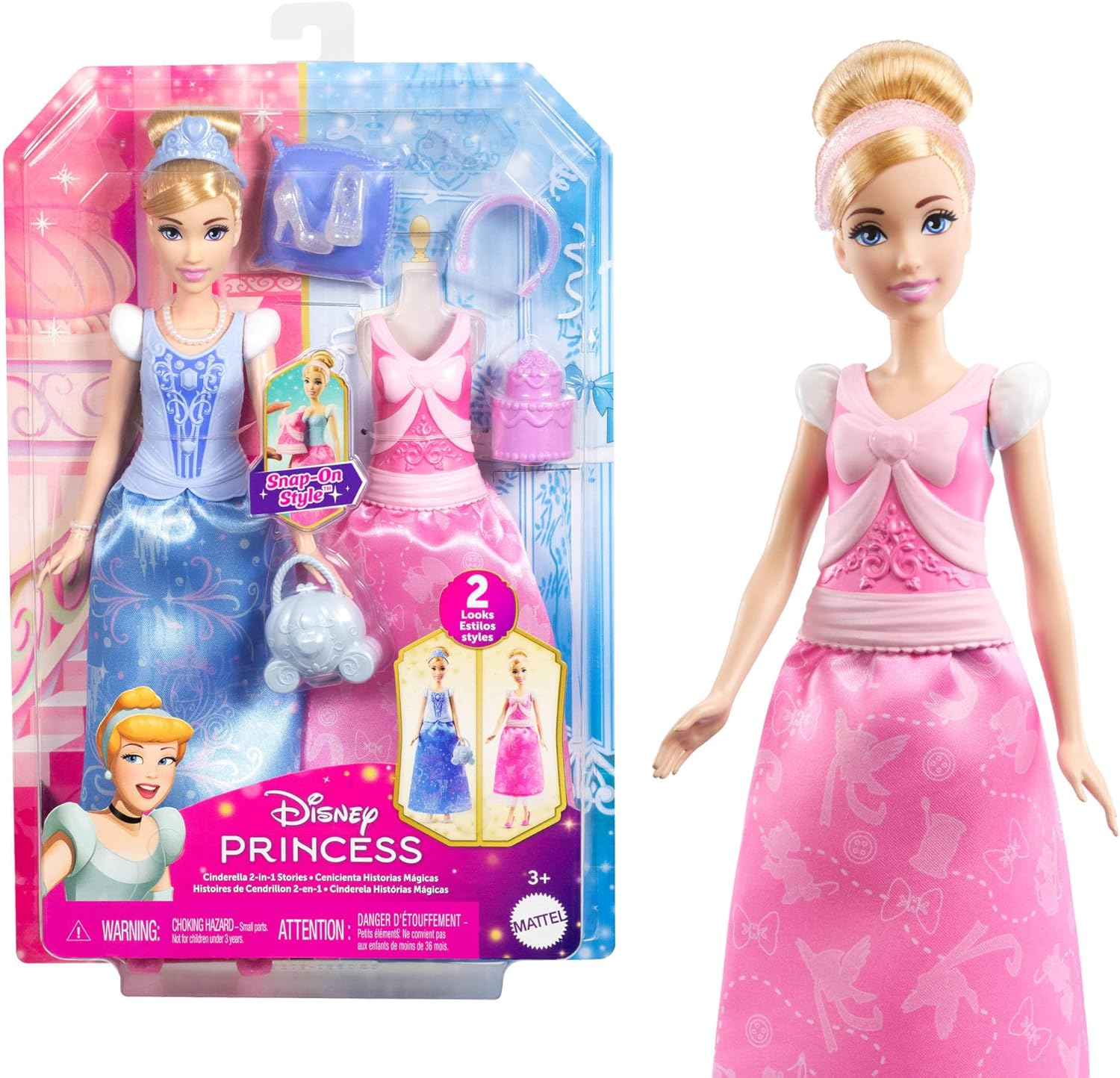Mattel Disney Princess Toys, Cinderella Fashion Doll with 2 Looks, 9 Accessories, 2 Snap-On Bodices & 2 Skirts, 2-In-1 Stories Inspired by Disney Movie image number 3