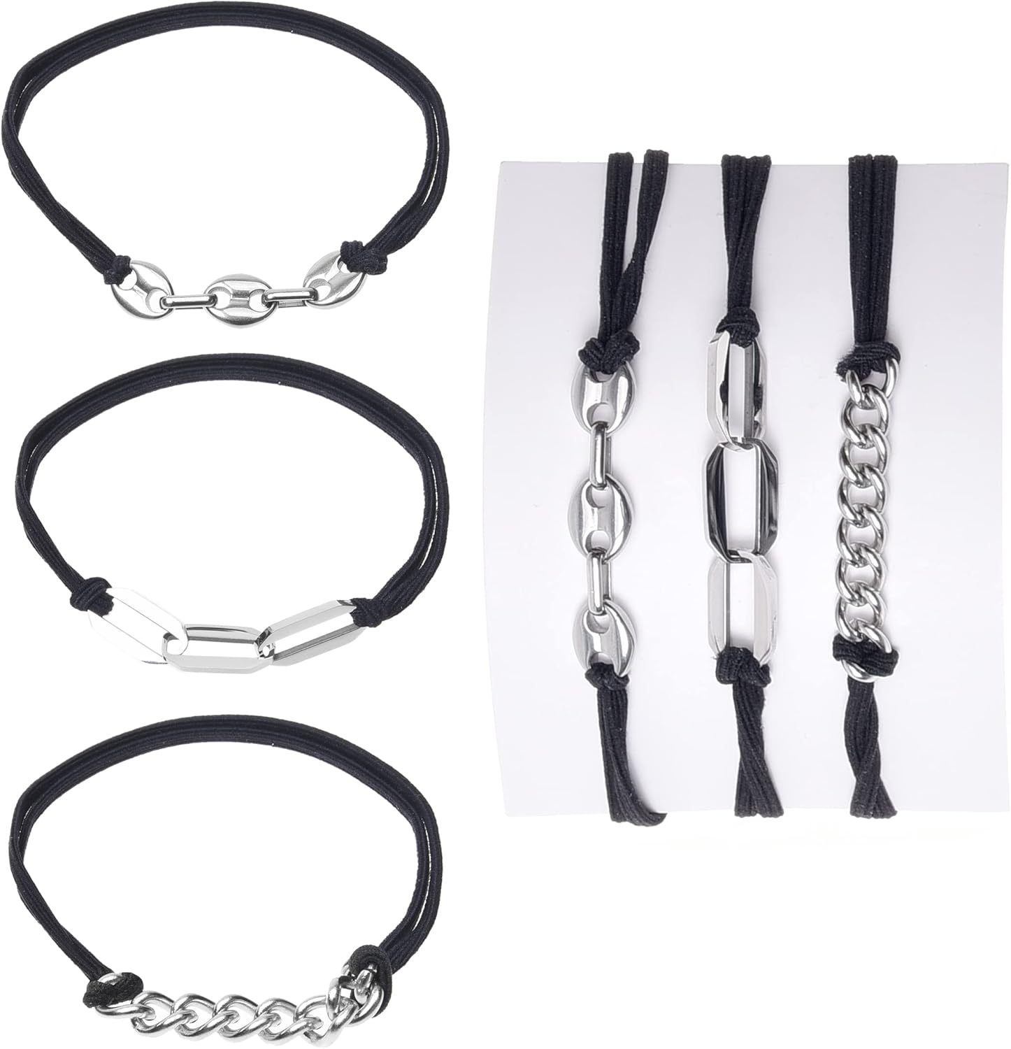 Eco-Fused 3X Bracelet Hair Ties - Elastic Decorative Jewelry Ponytails - Fashionable Wear on Wrist Ties - for Men, Women, Girls, Teens (Black with Silver Metal Chain) image number 6