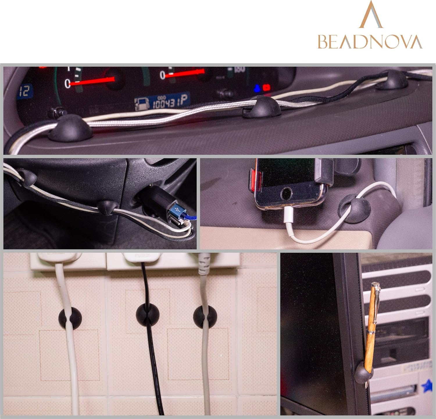 BEADNOVA Cable Clips Cord Organizer Cable Management Wire Cord Holder 2 Slots Adhesive Wire Holder for Car Charging Accessory PC Office Home (Black, 8 Pcs) - 1)1 Slots(8 Pcs) image number 5