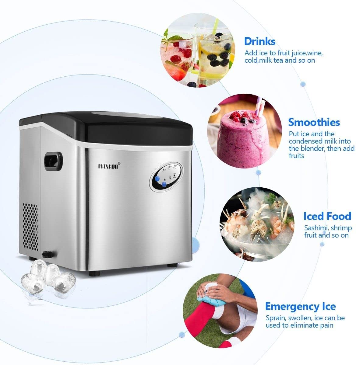 Maxkon Portable Ice Makers Make 27Kg Ice in 24 Hrs,Ice Cube Rready in 7-15 Mins, 4.5L Ice Machine with Ice Scoop, 3 Sizes of Bullet Ice for Home Commercial Benchtop Fast Freezer, 4.5L/27Kg-Silver image number 6