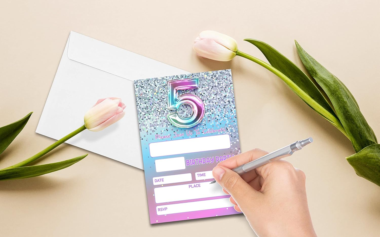 5Th Birthday Party Invitations for Girls or Boys, Silver Glitter Theme Birthday Parties Supplies Decorations, Rainbow Balloons Fill-In Invites(20 Invitations and Envelopes)-D01 image number 5