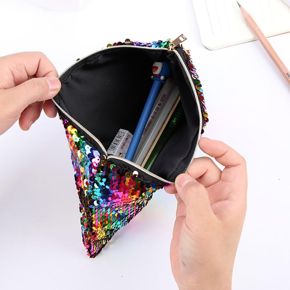 Double-Sided Glitter Pencil Case Reversible Sequin Zipper Pencil Pouch for Cosmetic Makeup Holder Large Capacity with Glitters Office Organizer Storage Makeup Bag for Students Girls (Plum Red+Silver) - Colorful+Silver image number 4