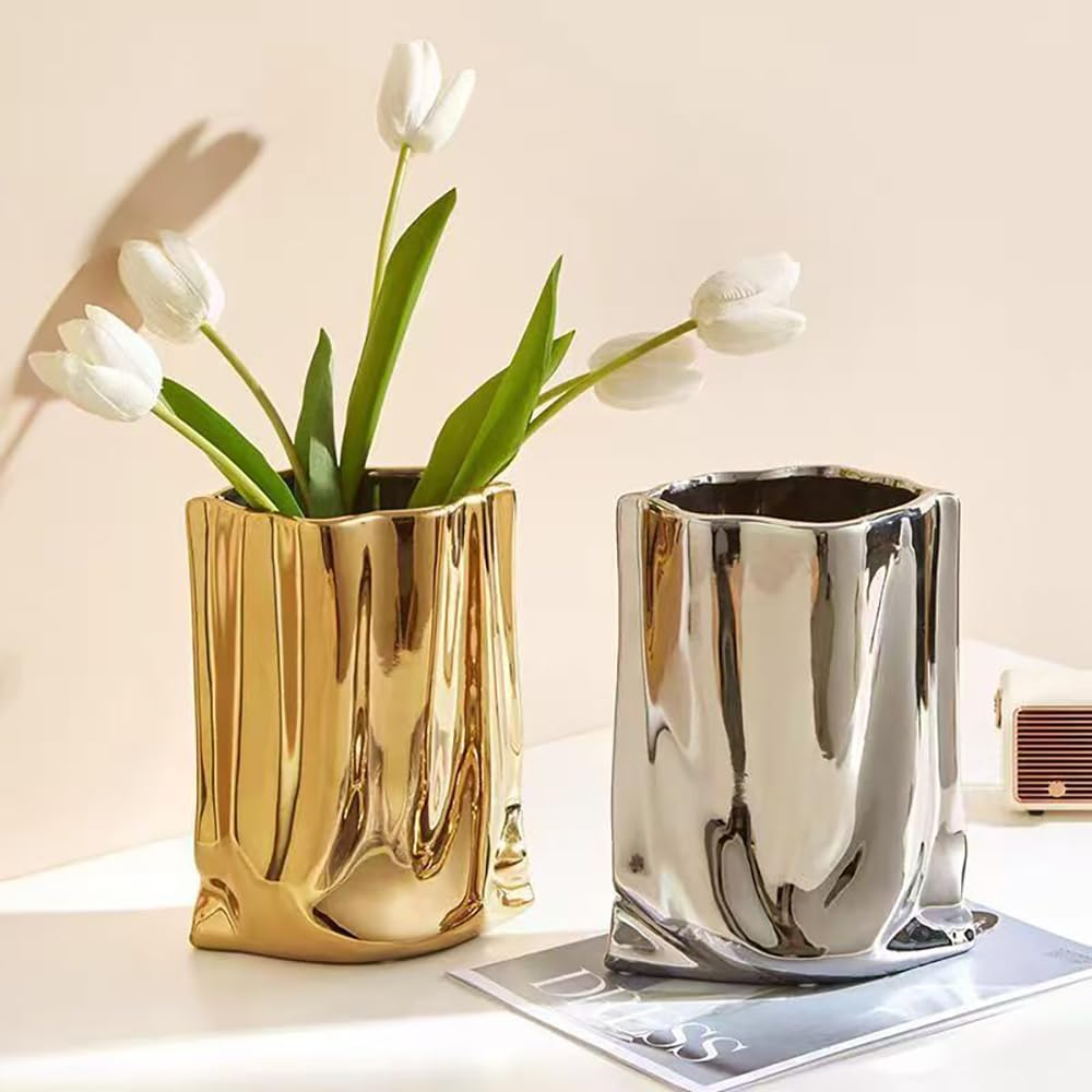 Hbluefat Fake Flowers with Vase, Silk Tulip Artificial Flowers in Flat Ceramics Vase, Small Faux Flower Arrangement for Home Office Decoration, Dining Table Centerpiece (Sunset Red,Silver)