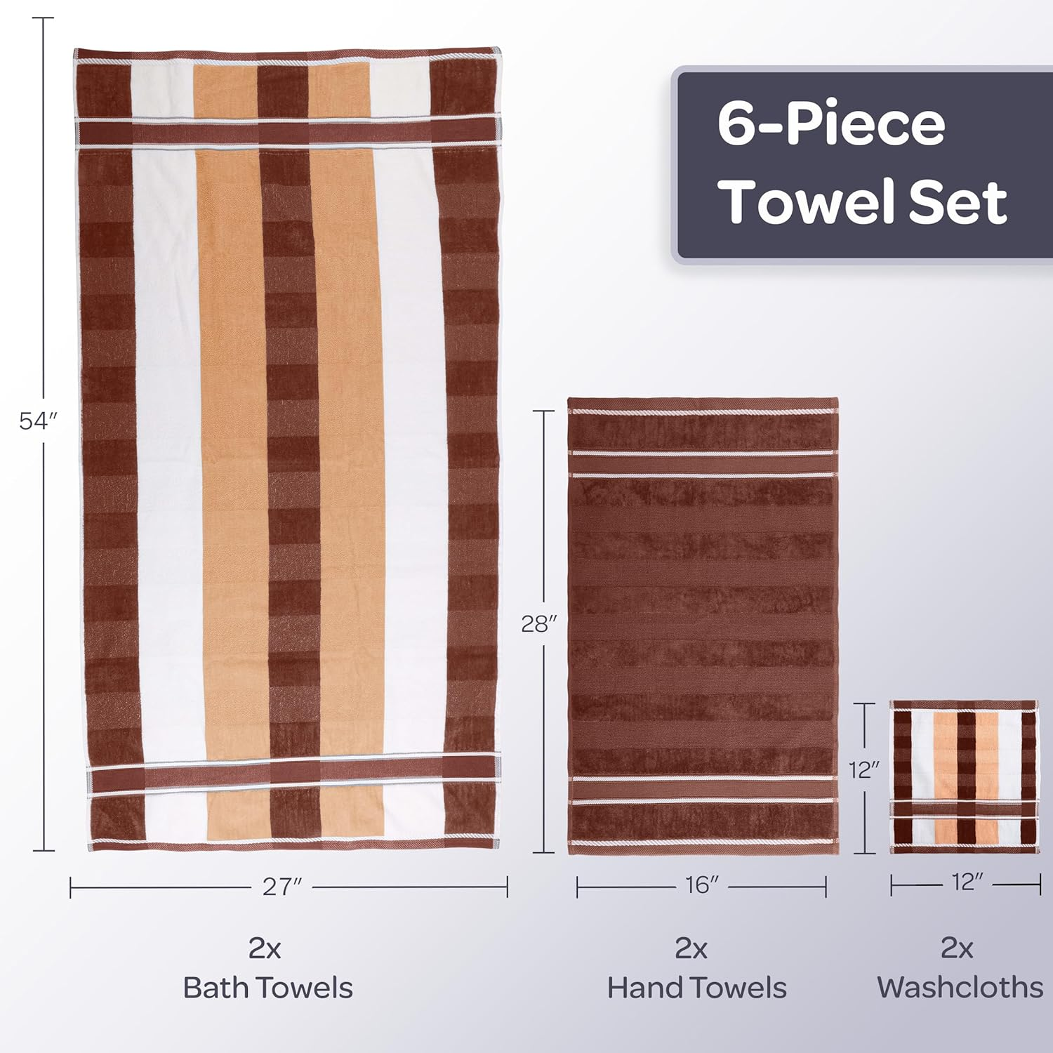 Lavish Home 6-Piece Bath Towels Set - Oakville Beige-Striped 100% Cotton Velour Set with 2 Bath Towels, 2 Hand Towels, and 2 Washcloths By - Beige image number 2