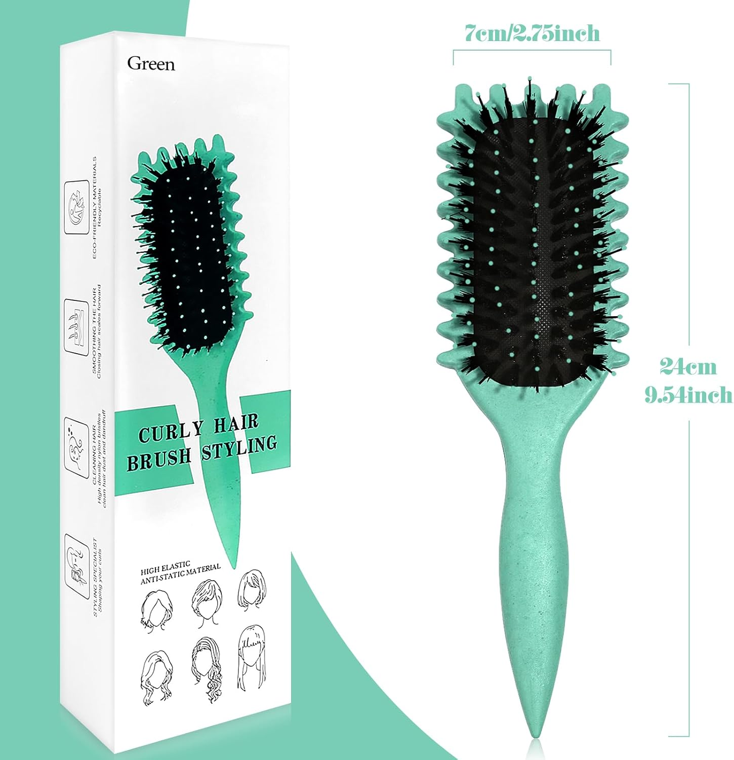 Curly Hair Brush, Curl Defining Brush, Shaping Curls Boar Bristle Styling Hairbrushes for Women and Men (Green) - Pink image number 4