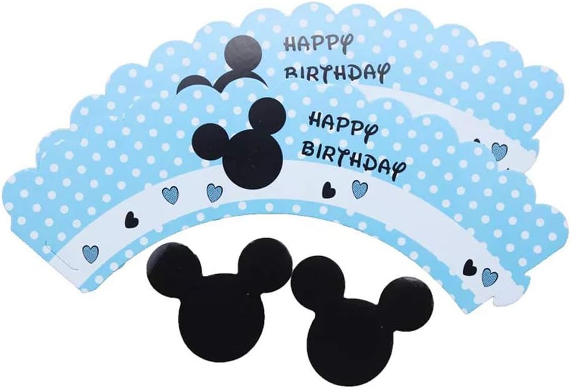 Hongkai 48Pcs Mouse Cake Cupcake Toppers and Wrappers Picks for Happy Birthday Party Decorations Baby Shower Anniversary Kids Baby Boy Girl First Birthday Party Supplies