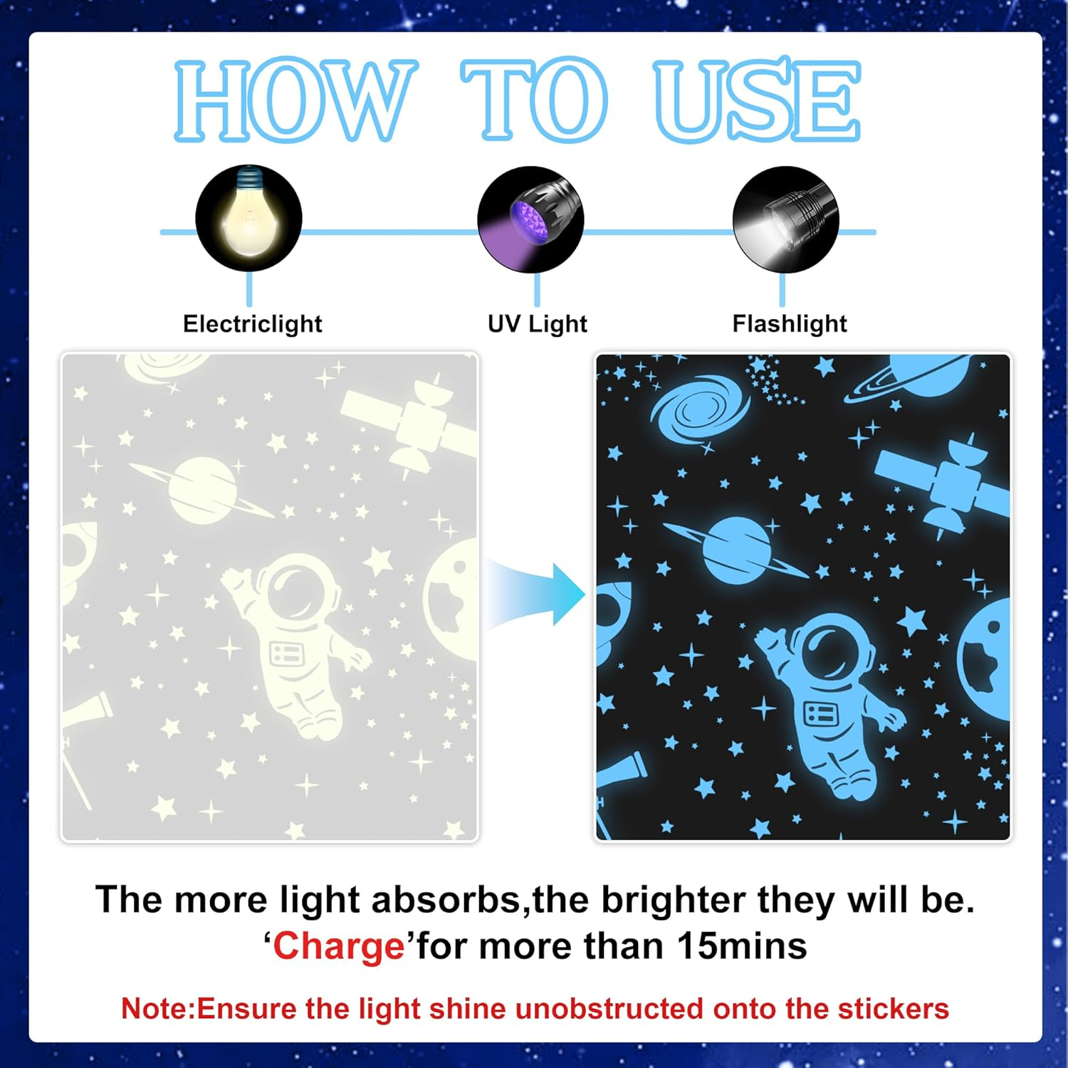 Glow in the Dark Stars Ceiling Space Wall Decals Glow in the Dark Astronaut Universe Galaxy Planet Wall Stickers Glowing Stars for Bedroom Living Room Decor image number 1