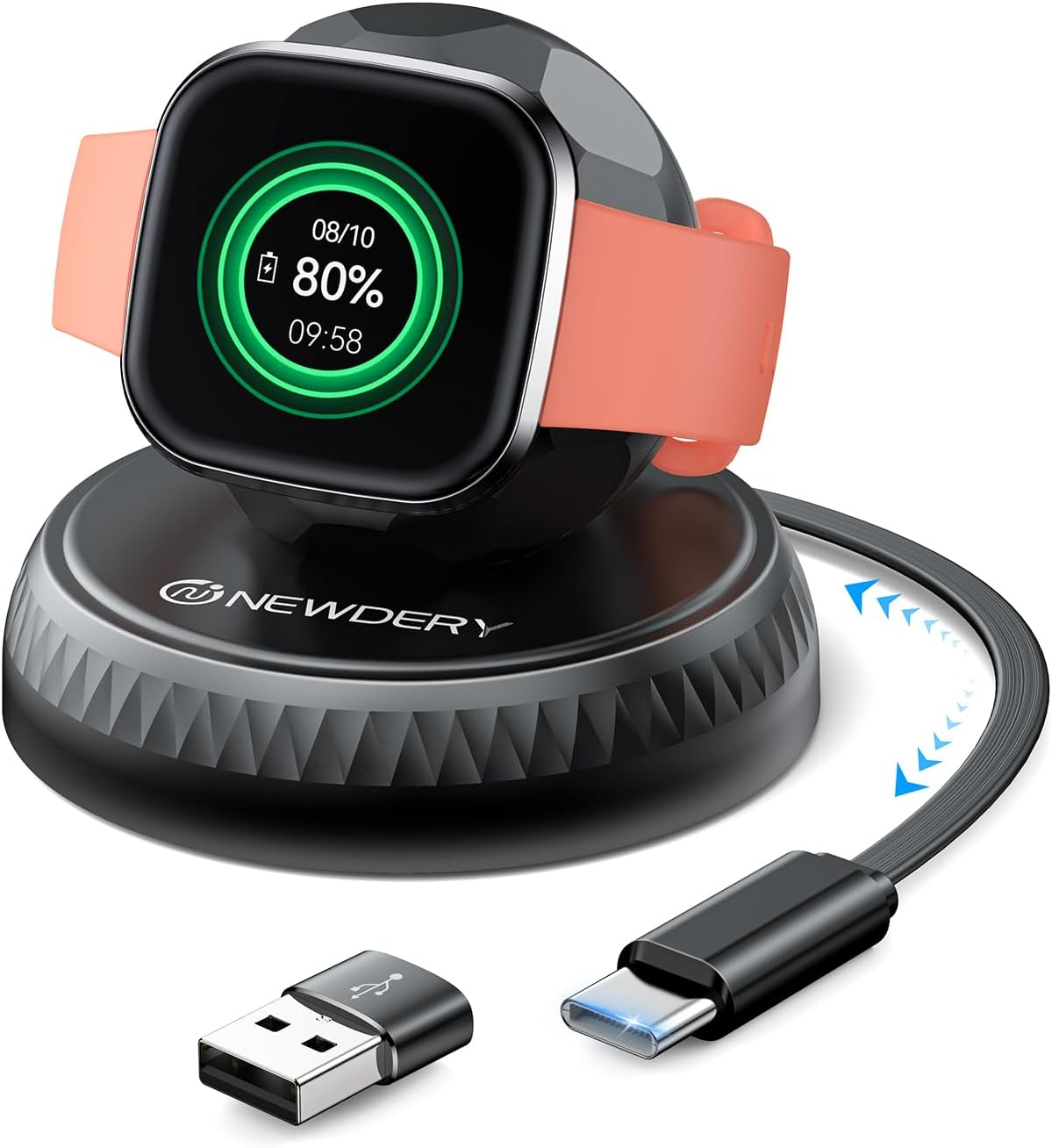 NEWDERY Charger Stand for Pixel Watch 3 2 & for Fitbit Sense 2/Versa 4 3, Retractable USB C Charging Cable with USB a Adapter, Portable Replacement Dock for Fitbit & for Google Smartwatch image number 1