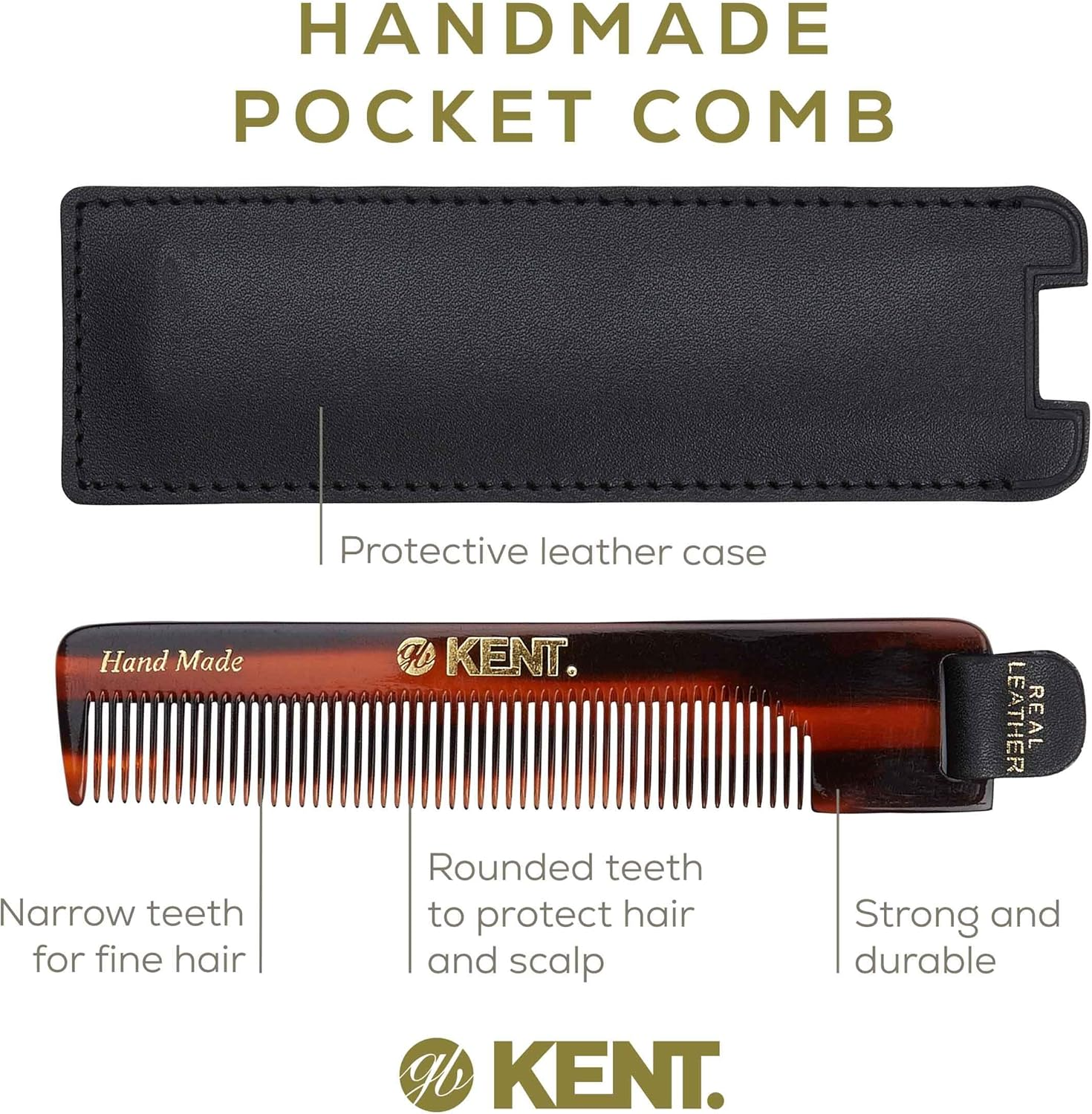 Kent Men'S Handmade Pocket Hair Comb with Leather Tab and Case, 112 Mm Length image number 3