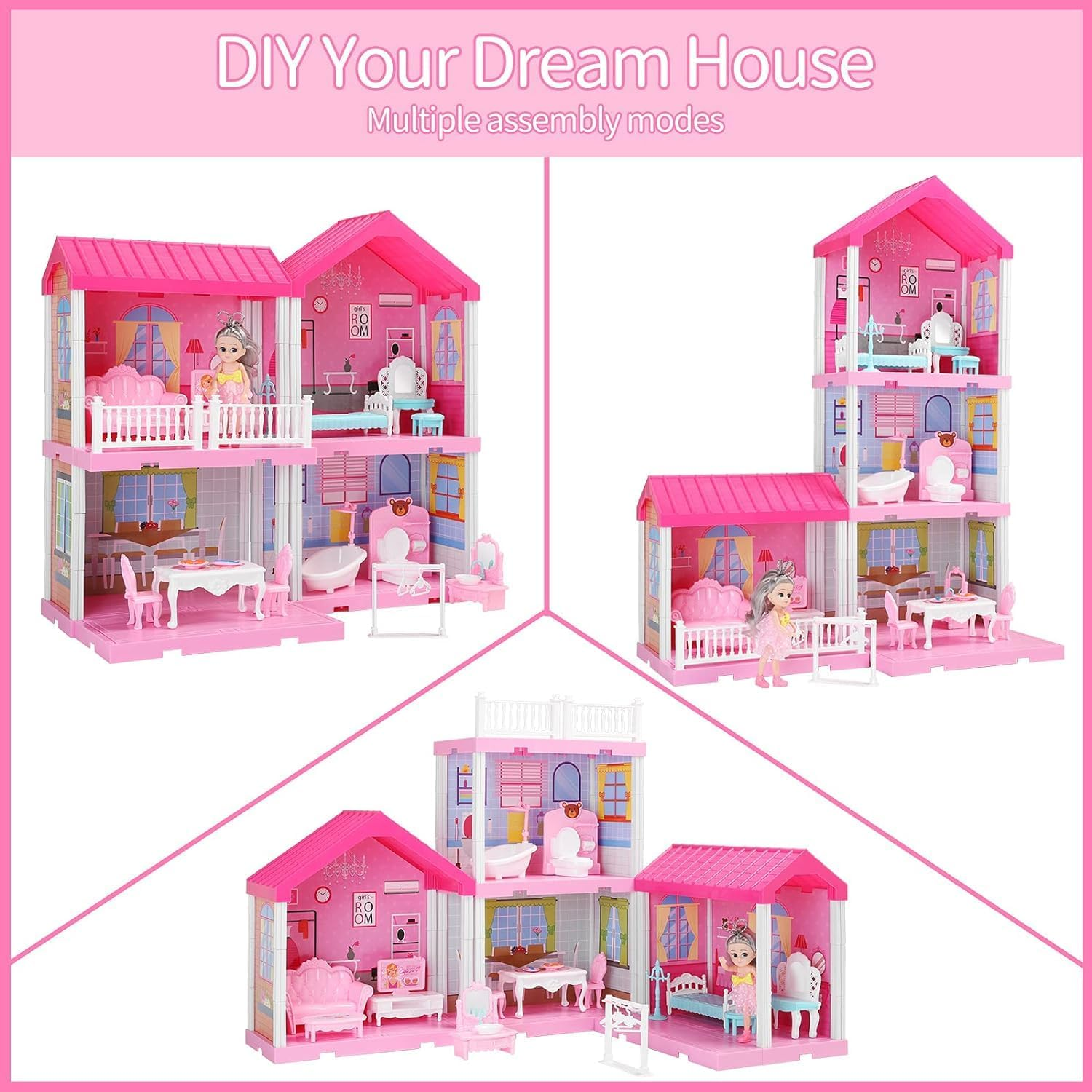 ZALLUC Dollhouse Girls Pretend Toys 4 Room- Doll Figure with Furniture, Accessories, Stairs, Pets and Dolls, DIY Cottage Pretend Play Dollhouse, for Toddlers, Boys & Girls image number 2