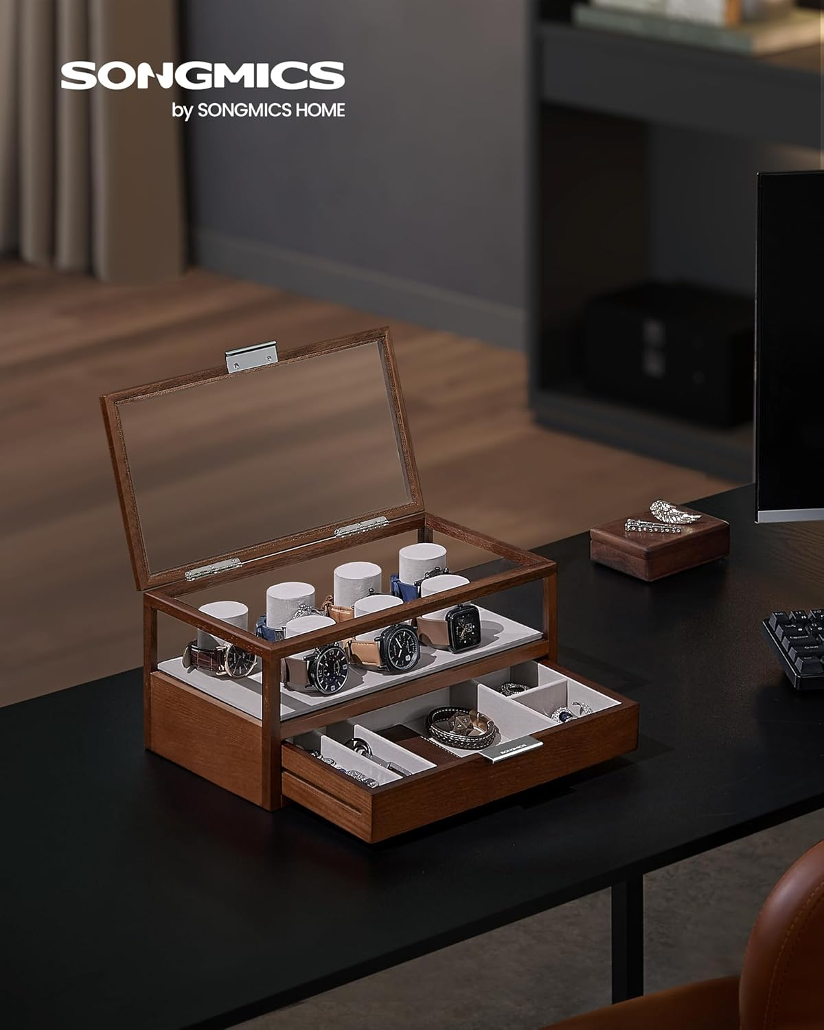 SONGMICS 2-Tier Watch Case, Watch Display Box, Watch Holder with 7 Pillars, Drawer, Acrylic and Solid Wood Top, Velvet Lining, Coffee Brown UJOW007K01 image number 3