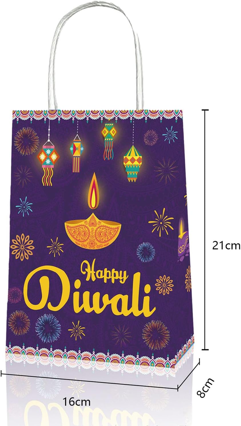 12PCS Happy Diwali Favor Bags,Gift Bags Kraft Liner Paper Bags Pack Diwali Items 8.3"X6.3"X3.15" image number 3