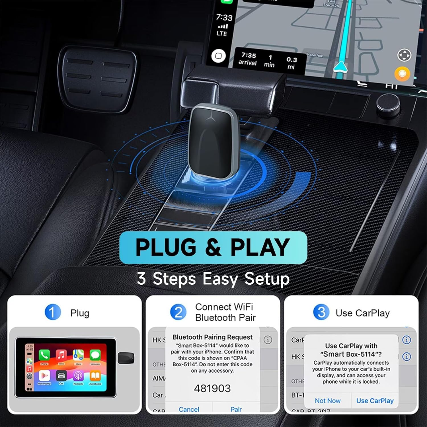 ZVCXOE Wireless Carplay Adapter for OEM Wired Carplay Cars Compatible with Ios 10+ and Android Auto 2 in 1 Plug and Play Mini USB Adapter with USB-C/A Cables Black image number 6