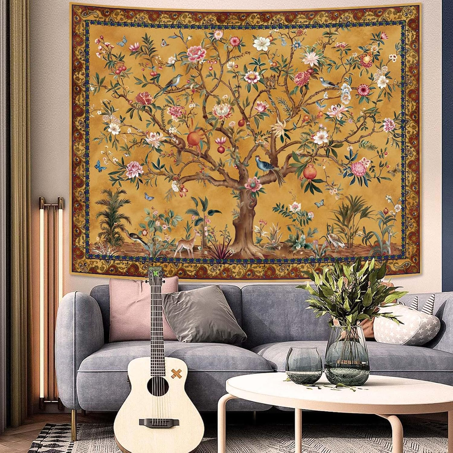 Boho Tree of Life Tapestry, Vintage Flower Leaves Birds Plant Animal Pattern Tapestries, Retro Indian Bohemian Aesthetic Wall Hanging Orange Yellow 36&times;48 Inch image number 4