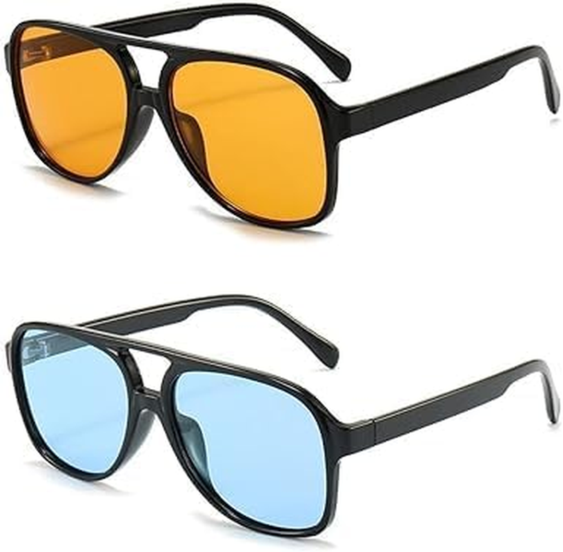 2Pcs Retro Aviator Sunglasses for Women and Men, Classic Oversized Style 70S Vintage Design, Lightweight and UV Protection（Yellow/Blue） - Mecus image number 1