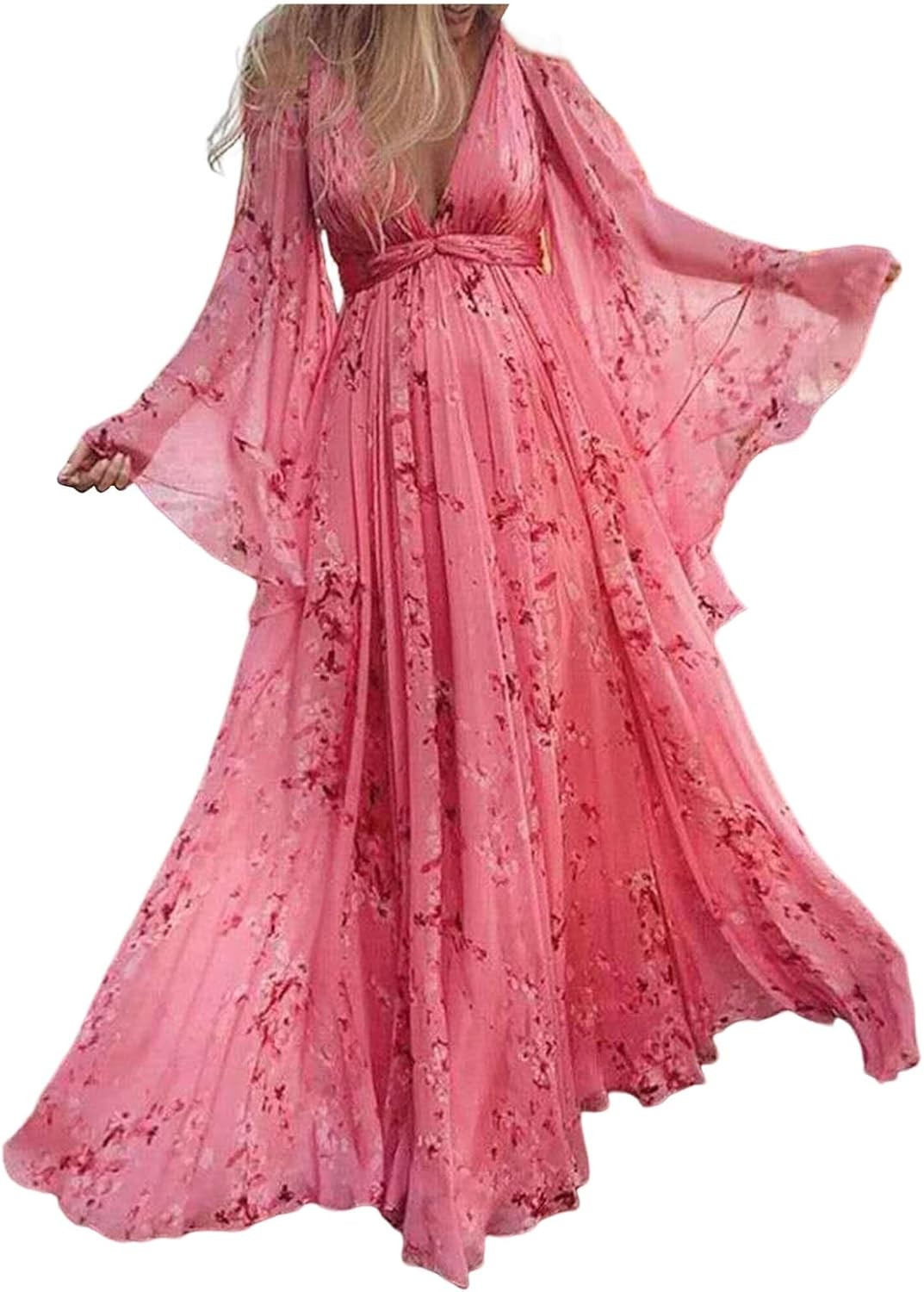 Qiribati Maternity Dress Suspender Deep V Neck Pregnant Clothes Printed Sexy Long Sleeve Pleated Maxi image number 5