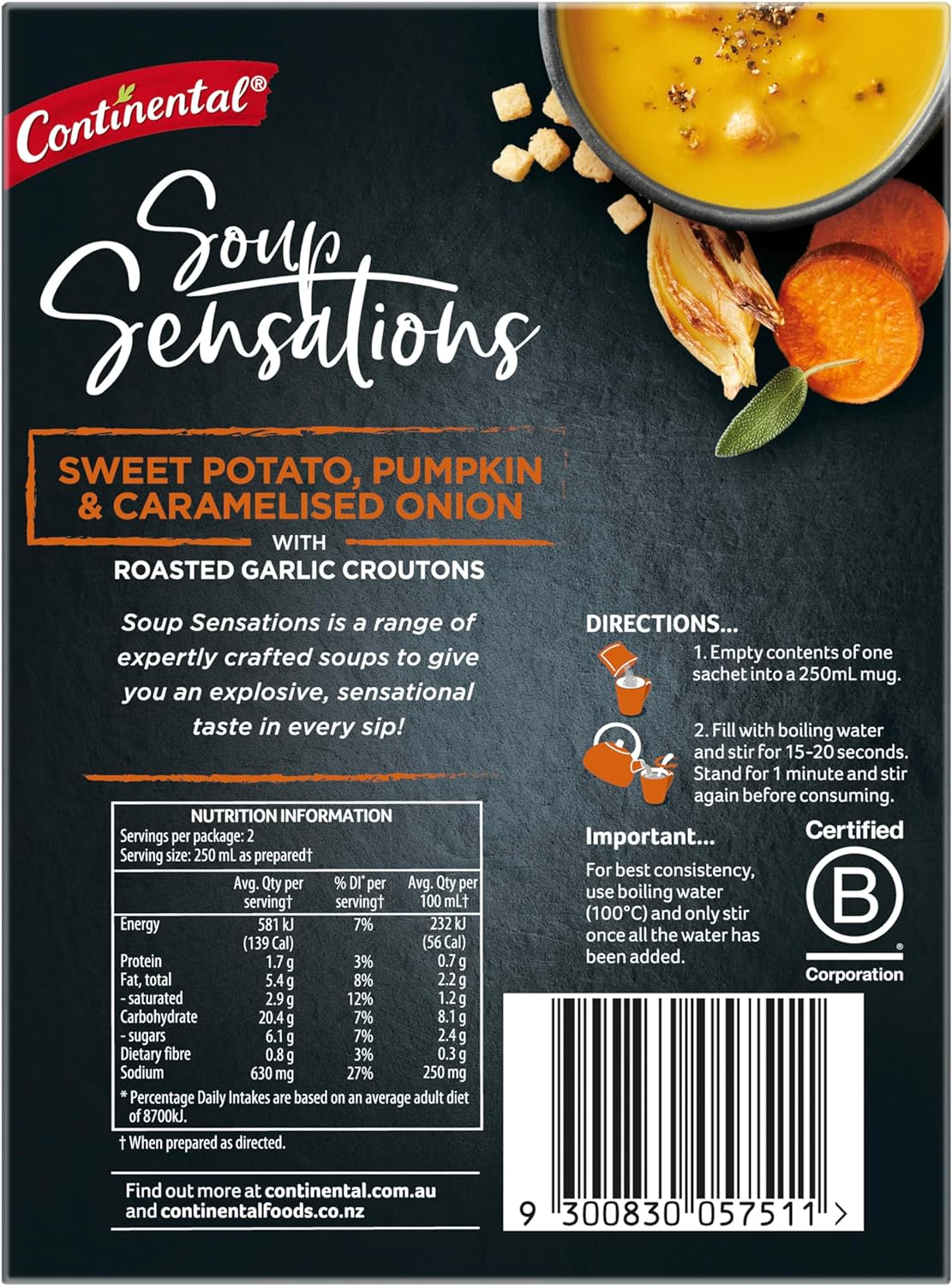 Continental Sweet Potato, Pumpkin and Caramelised Onion with Roasted Garlic Croutons Soup Sensations 63 G