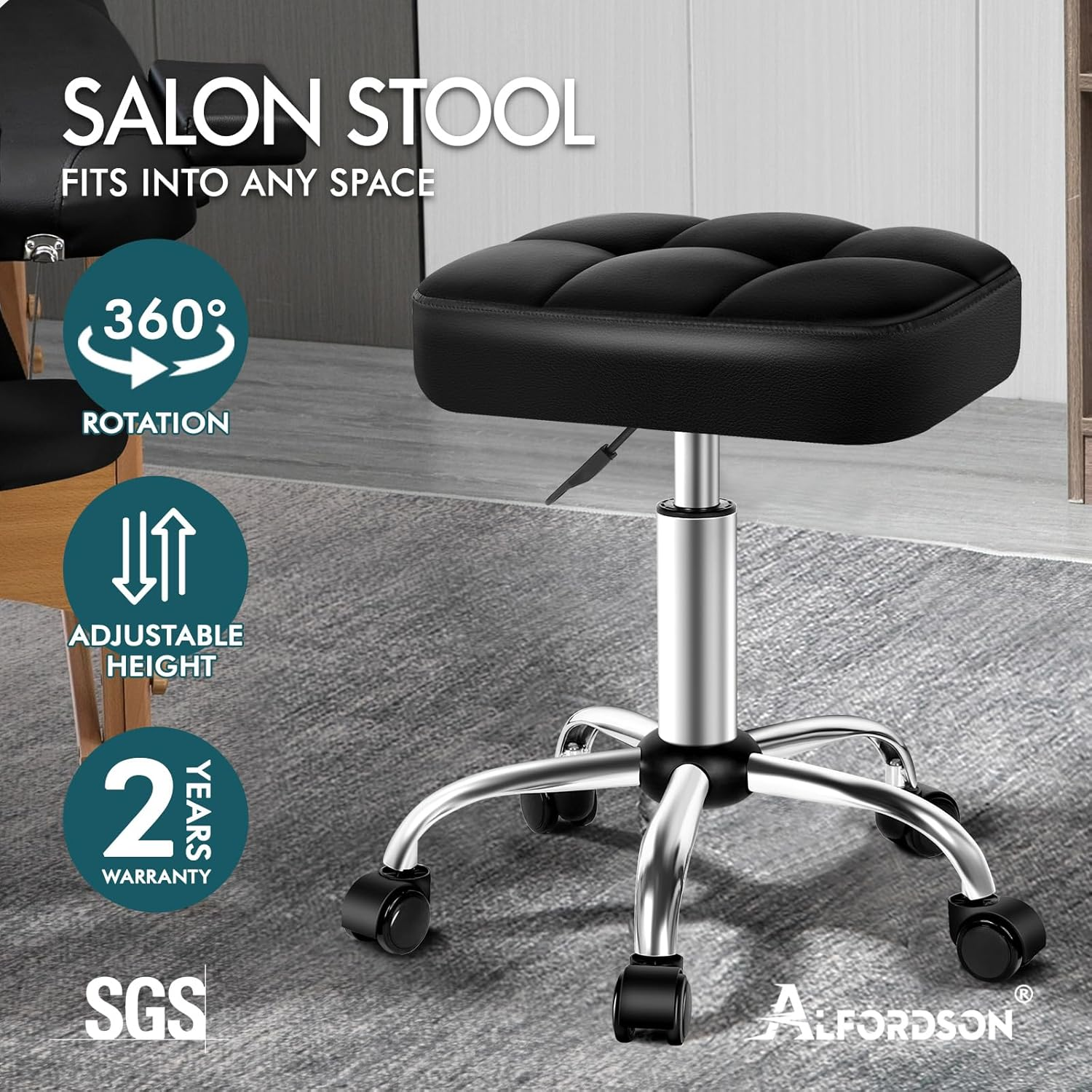 ALFORDSON Salon Stool with PU Leather Upholstery, Adjustable Drafting Rolling Stools in 49-64.5Cm Height, Swivel Spa Chair with Rolling Wheels Hair Barber for Massage Table(Tufan Black)