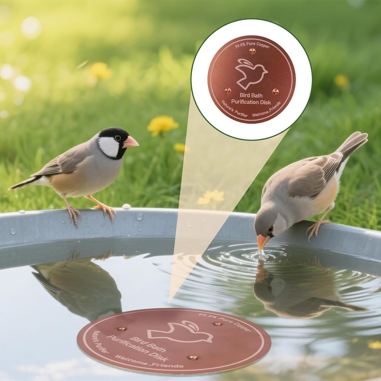 BOXOB Pure Copper Bird Bath Purification Disk, 4In Bird Bath Cleaner with Triple Point Support All Season Safe Water Purifier Universal Fit for Outdoor Birdbaths & Bowls image number 5