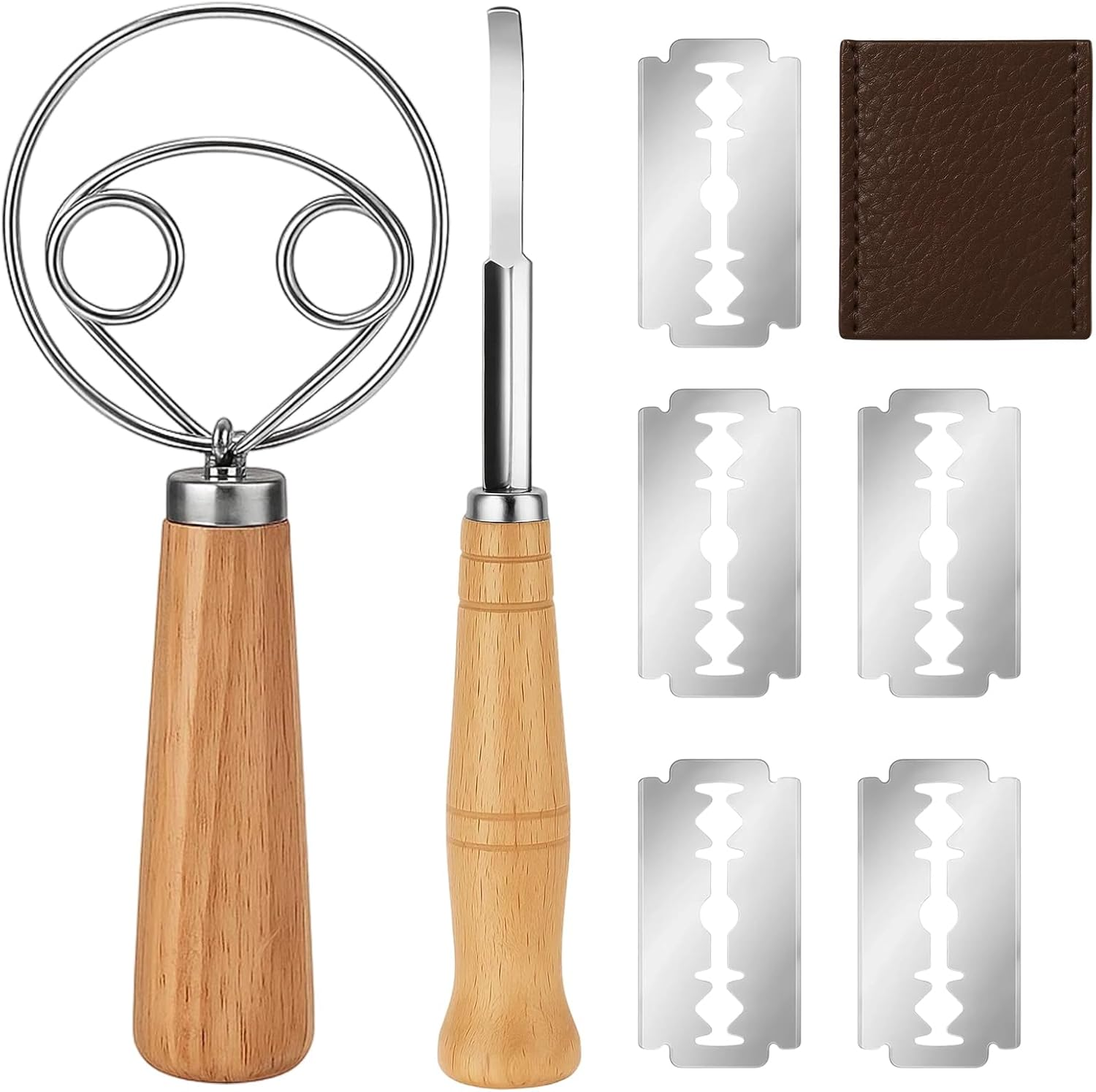 Dough Whisk, Danish Dough Whisk with 5 Blade Bread Lame and Leather Case, Medium Dual Loop Mixer for Sourdough, Cake Batter, Thick Dough, Baking Essentials Kit image number 2