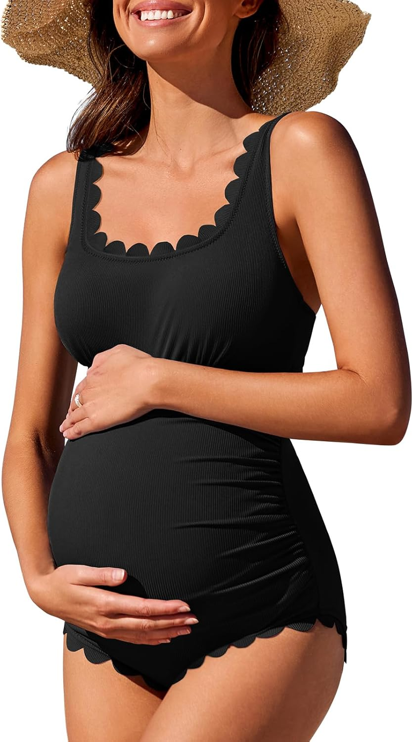 Summer Mae Ribbed Maternity One Piece Swimsuit Scalloped Cut Out Pregnancy Bathing Suit Square Neck Swimwear