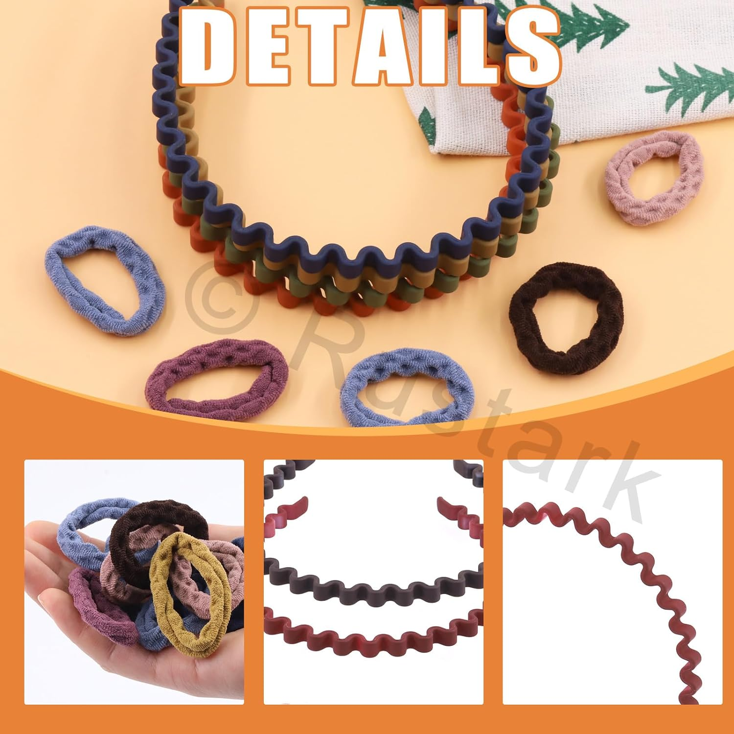 Rustark 12Pcs Colorful Plastic Wavy Hairbands Assortment Kit with 12Pcs Hair Ties, Spring Wavy Hair Hoop Skinny Plastic Headbands with Teeth Fashion Hairbands for Women Non Slip