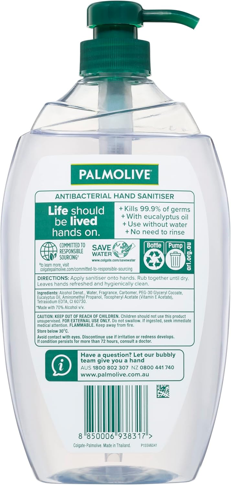 Palmolive Instant Antibacterial Hand Sanitiser, 950Ml, Mint and Eucalyptus with Eucalyptus Oil, Kills Germs, No Rinse image number 3