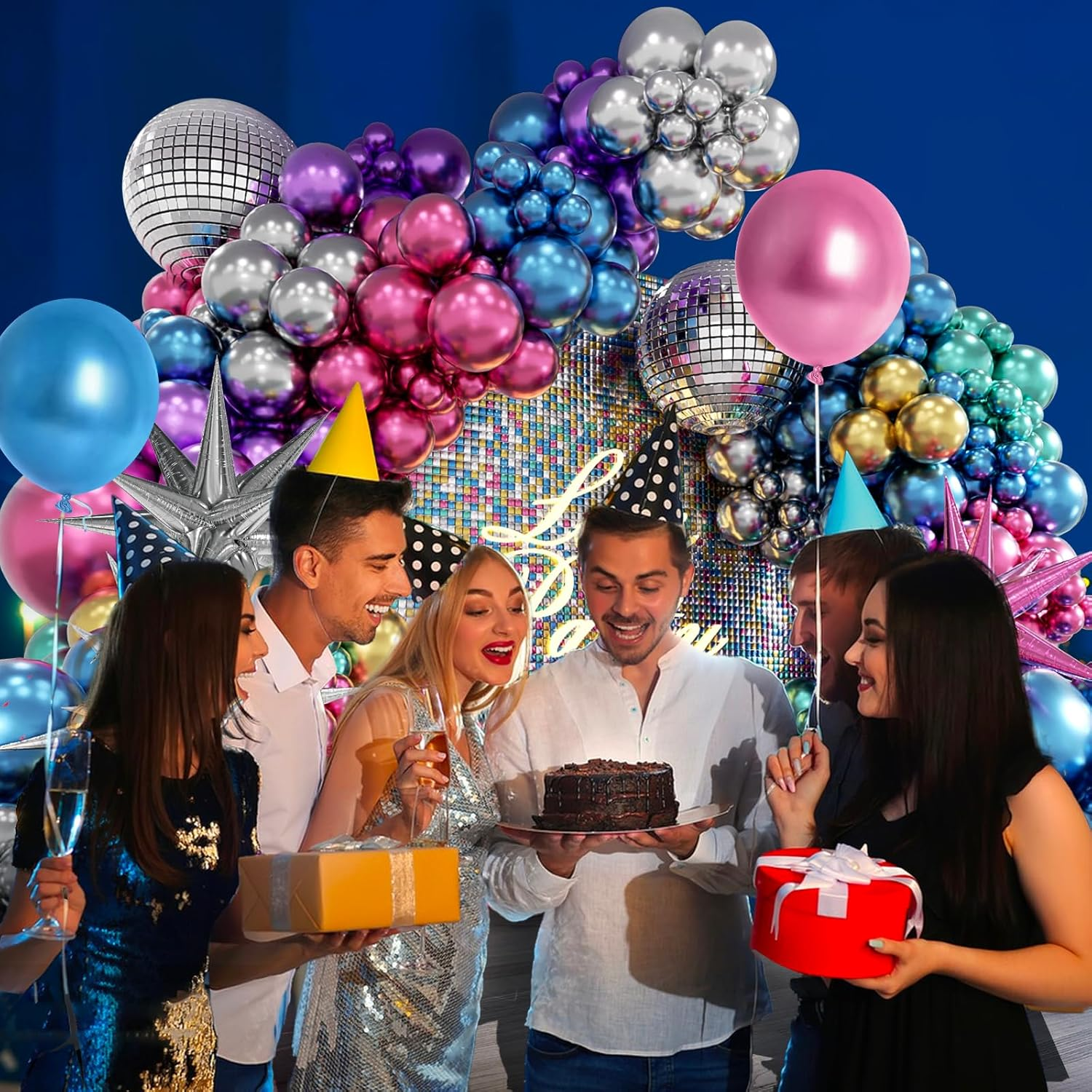 FOTIOMRG 135Pcs Disco Balloon Arch Kit with Disco Ball Balloons Silver Blue Green Purple Hot Pink Gold Metallic Balloons, Starburst Disco Foil Balloons for Birthday 70S 80S 90S Disco Party Decorations image number 1