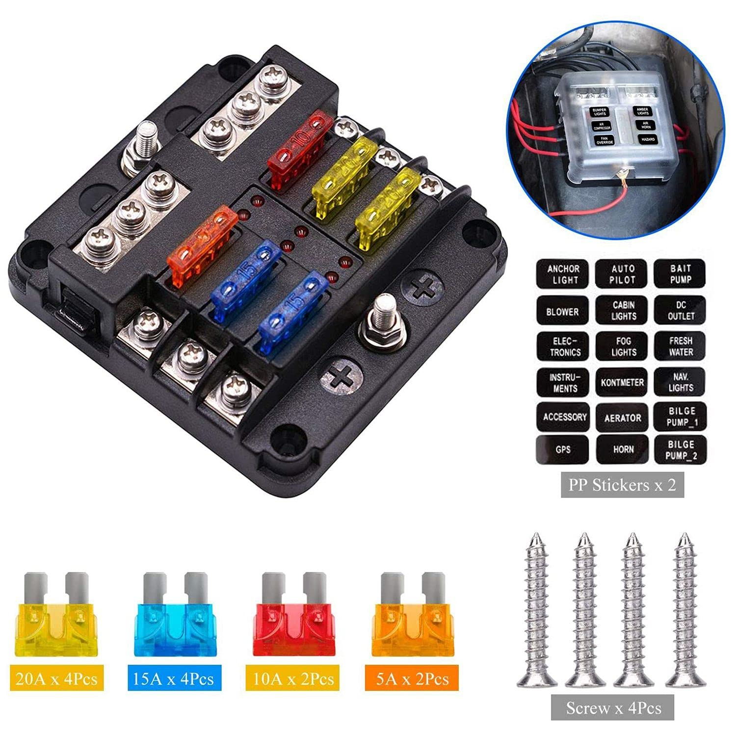 6-Way Waterproof Fuse Block,With LED Indicator 12 Circuits with Negative Marine Fuse Box for Dc 12/24V Car Boat RV Truck image number 2