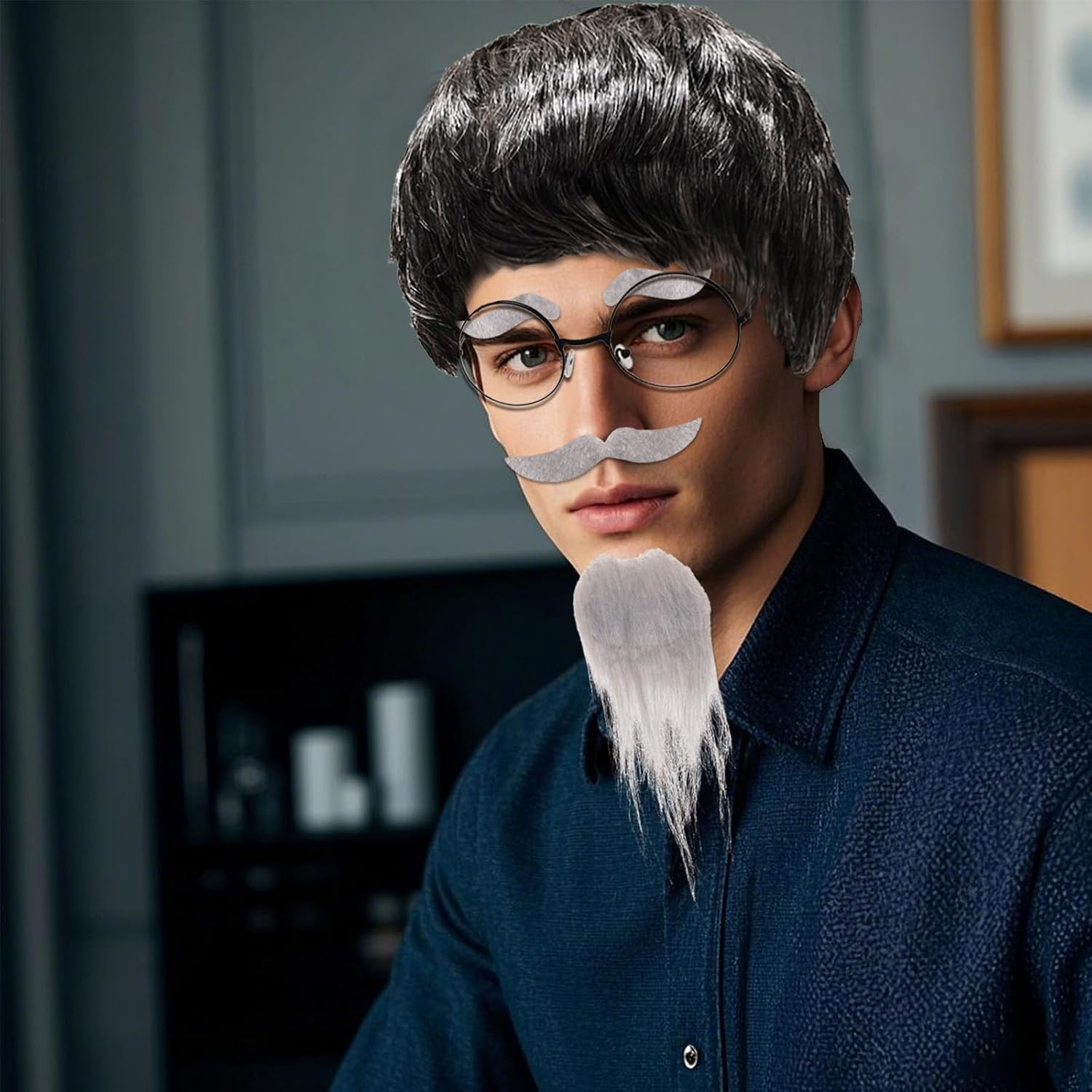 Old Man Wig Mustache Set Old Man Costume Kit Grandpa Costume Accessories Grey Wig Fake Beard Eyebrows Glasses for Men Adults Teens for Halloween 100Th Day of School image number 4