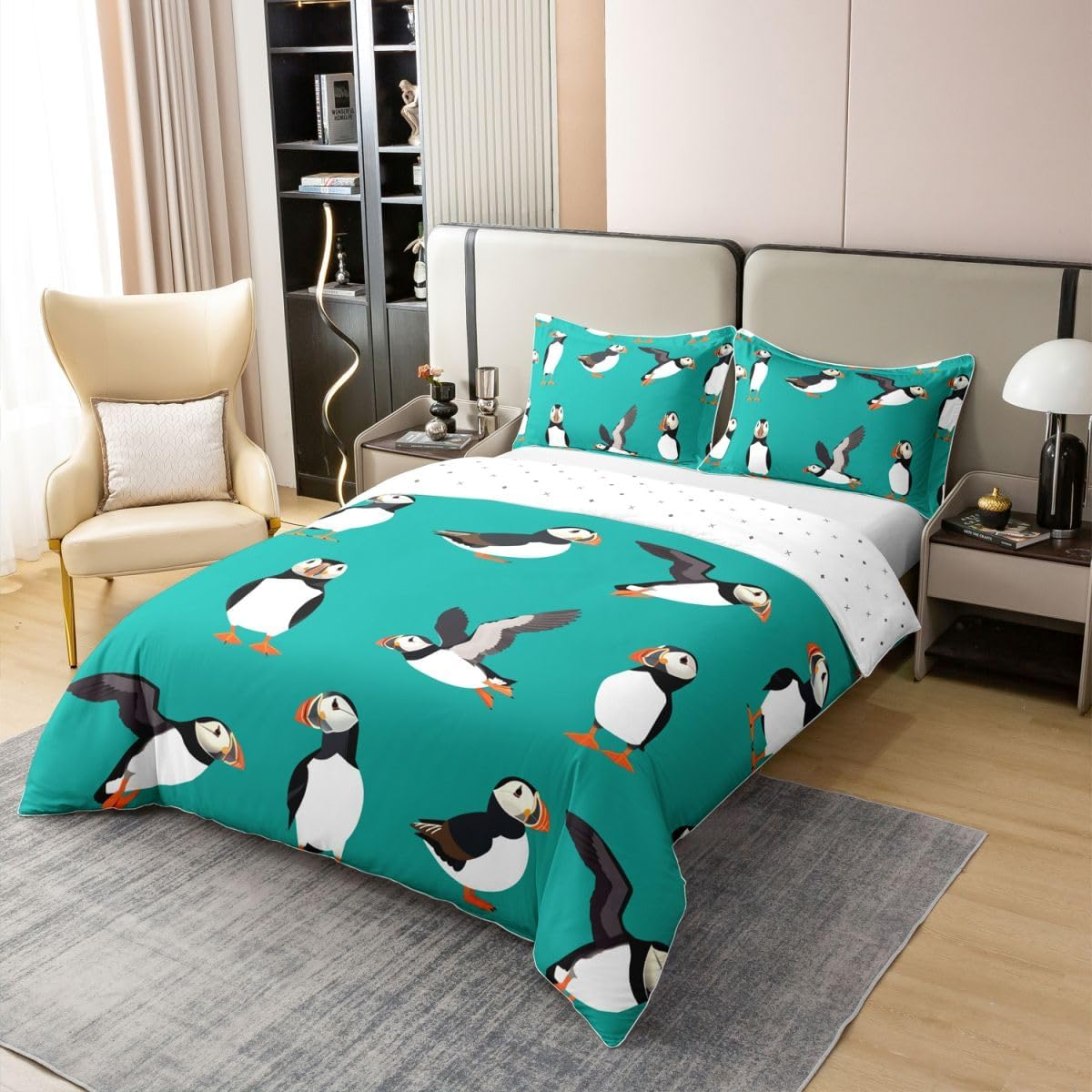 Puffin Bedding Duvet Cover 100% Cotton Set Twin Size Puffin Bird Drawing Bedding Set for Kids Decor Cute Animal Theme Comforter Cover Set Polar Animal Bedspread Cover Bedroom Bedclothes image number 4
