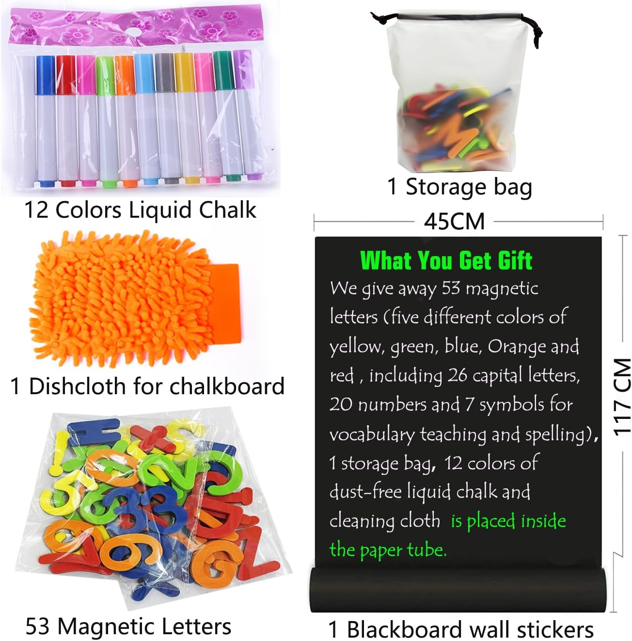 LACQWO Magnetic Chalkboard Contact Paper for Wall 46.3"X18" Self Adhesive Magnetic Wall Board Sticker with 36 Magnet Letters for Kids Black Chalk Board Wallpaper Roll