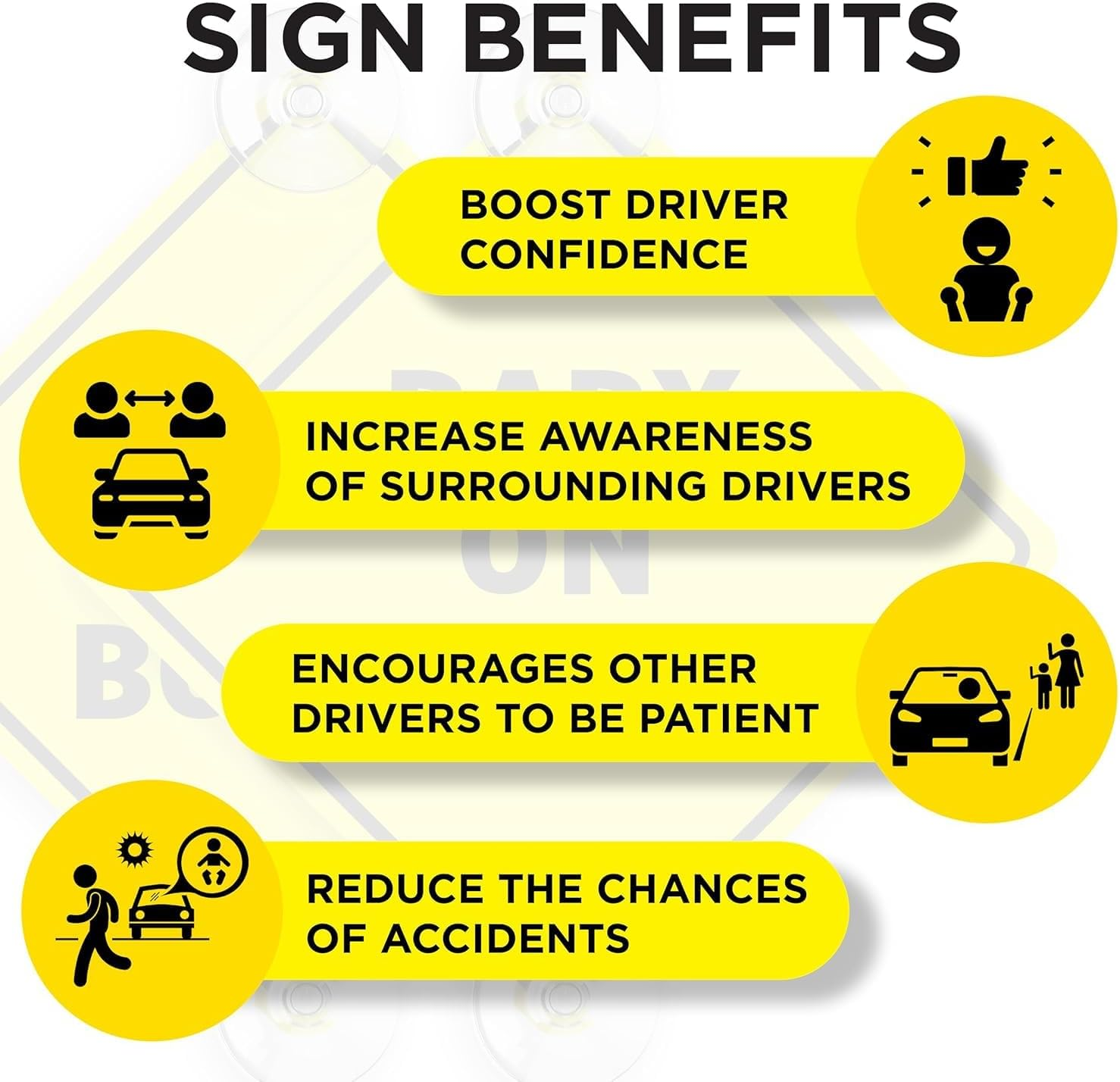Baby on Board Sign with Suction Cups - 2 Pack, 5" by 5" - Essential Safety Signs for Cars - Bright Yellow, Durable and Strong Suction image number 2