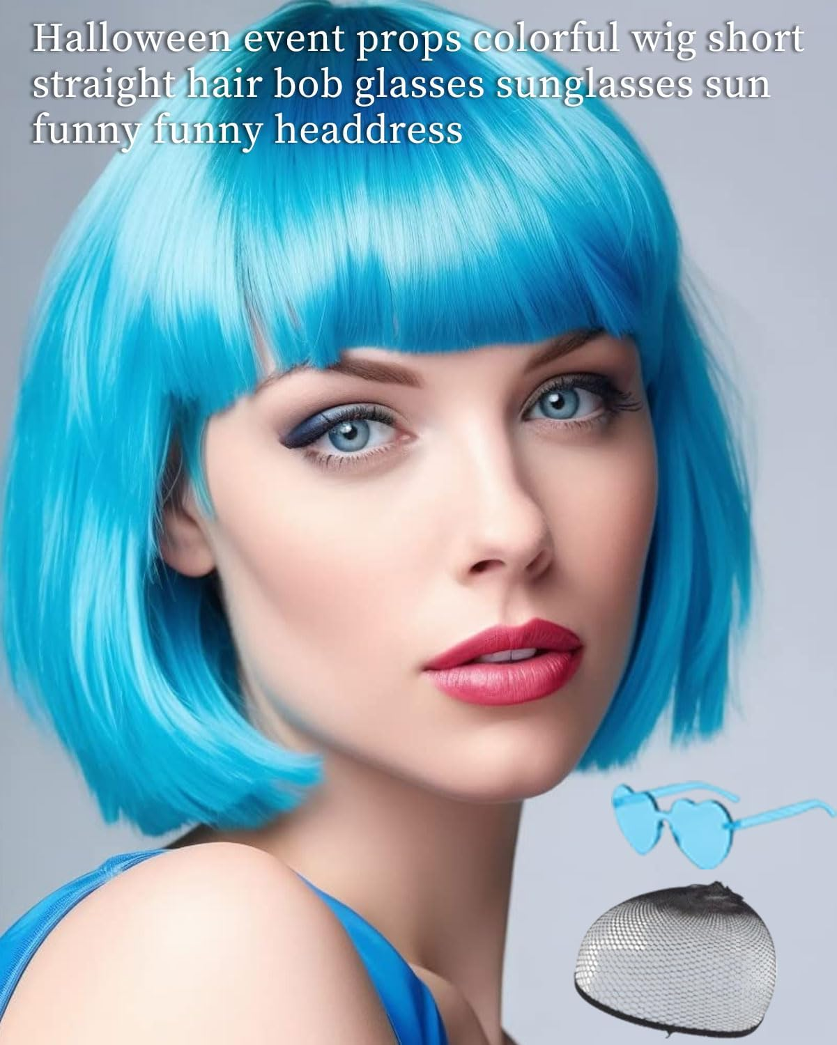 MOPZIJA 3 Pieces Bob Wig, Pulp Fiction Costume, Wig Short Hat Straight Heat Resistant Hair with Beveled Fringe Daily Wigs for Cosplay Costume + Glasses + Hair Net, Christmas Role Play Set